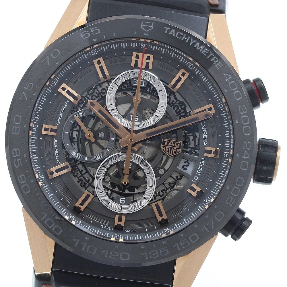 TAG HEUER CARRERA CALIBER CHRONOGRAPH AUTOMATIC, WATCH: TAG HEUER Carrera Caliber Chronograph Automatic, Watch Brand: TAG HEUER Type/Style: Wristwatch Material: Band Material Leather / Rubber, Case Material Titanium / K18PG Color: Band Color Brown /