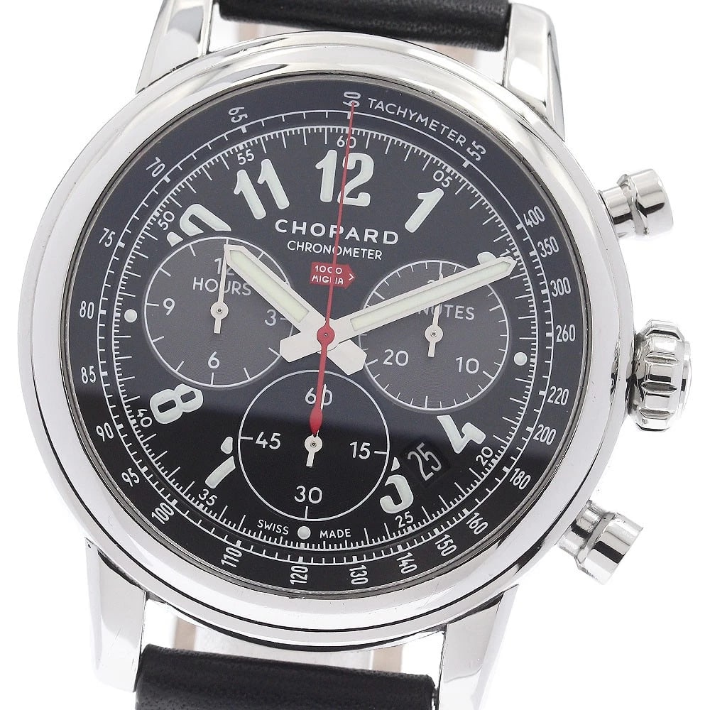 CHOPARD MILLE MIGLIA CHRONOGRAPH WATCH: Chopard Mille Miglia Chronograph Watch Brand: Chopard Type/Style: Wristwatch Material: Band Material leather, Case Material Stainless Steel Color: Band Color black, Dial Color black, Case Color