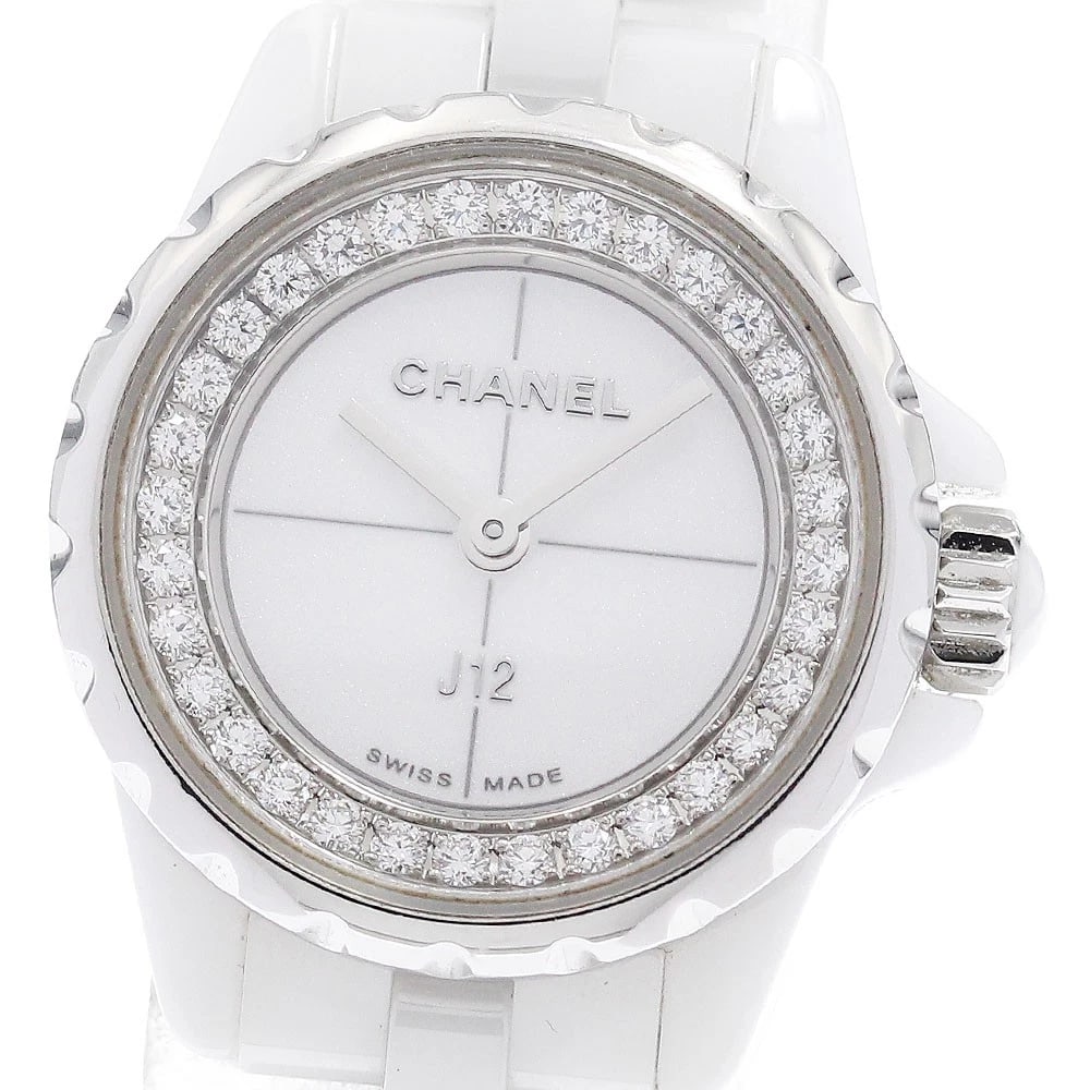 CHANEL J12 WHITE CERAMIC DIAMOND BEZEL WATCH: CHANEL J12 white ceramic diamond bezel Watch Brand: CHANEL Type/Style: Wristwatch Material: Band Material Stainless Steel / ceramic, Case Material Stainless Steel / ceramic Color: Band Color white,