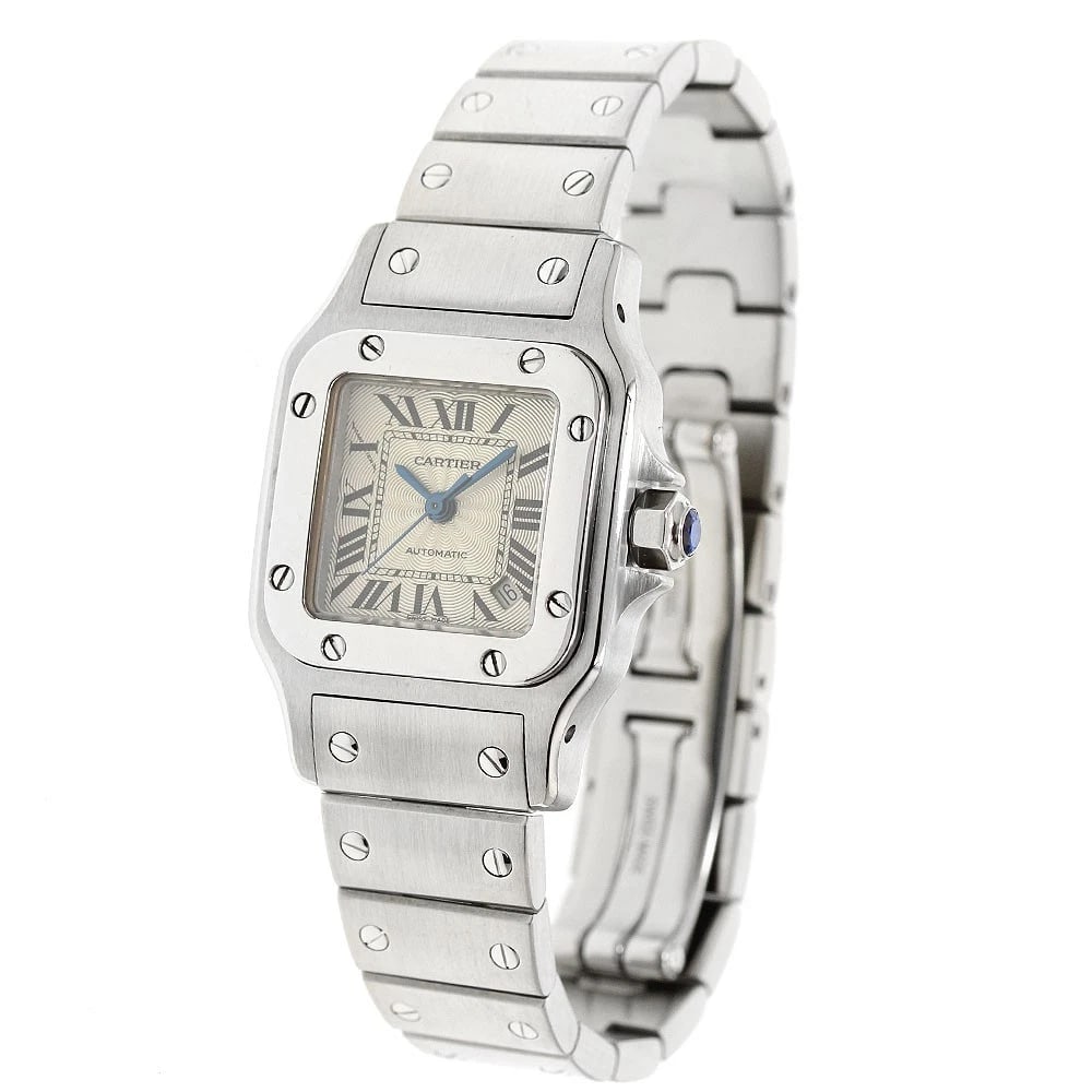 CARTIER SANTOS DATE AUTOMATIC WATCH: CARTIER Santos Date Automatic Watch Brand: CARTIER Type/Style: Wristwatch Material: Band Material Stainless Steel, Case Material Stainless Steel Color: Band Color Silver, Dial Color Silver, Case Color