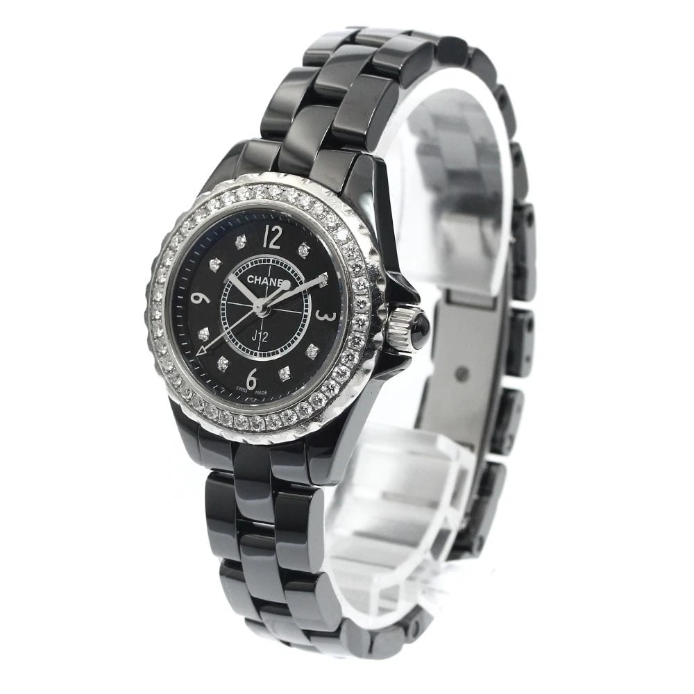 CHANEL J12 DIAMOND BEZEL BLACK WATCH: CHANEL J12 Diamond bezel black Watch Brand: CHANEL Type/Style: Wristwatch Material: Band Material ceramic, Case Material Ceramic / Stainless Steel Color: Band Color black, Dial Color black, Case Color