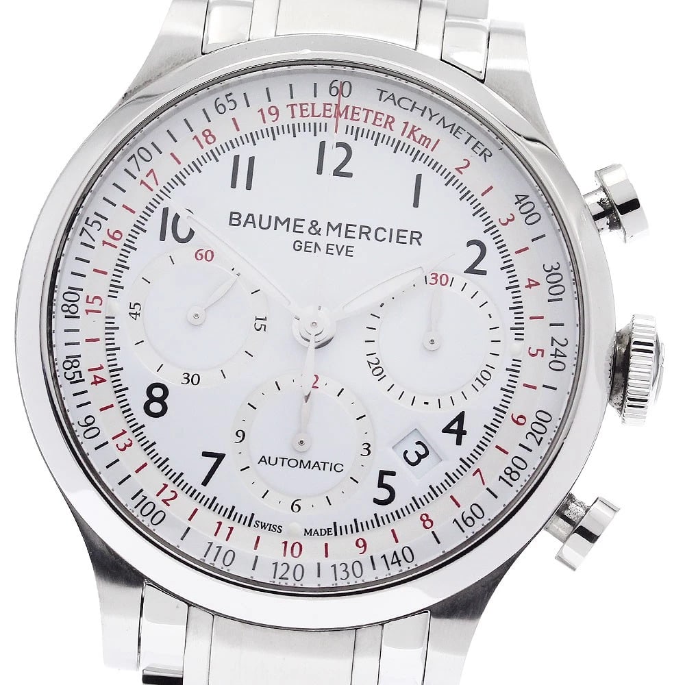 BAUME & MERCIER WHITE AUTOMATIC WATCH: Baume & Mercier white Automatic Watch Brand: Baume & Mercier Type/Style: Wristwatch Material: Band Material Stainless Steel, Case Material Stainless Steel Color: Band Color Silver, Dial Color white,