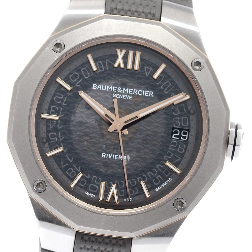 BAUME & MERCIER TITANIUM AUTOMATIC WATCH: Baume & Mercier Titanium Automatic Watch Brand: Baume & Mercier Type/Style: Wristwatch Material: Band Material rubber, Case Material Stainless Steel / Titanium Color: Band Color gray, Dial Color