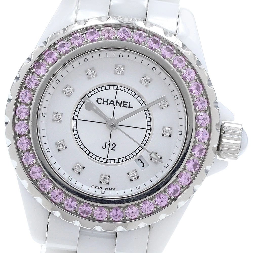CHANEL J12 PINK SAPPHIRE BEZEL DIAMOND WHITE, WATCH: CHANEL J12 Pink sapphire bezel diamond white, Watch Brand: CHANEL Type/Style: Wristwatch Material: Band Material Stainless Steel / ceramic, Case Material Stainless Steel / ceramic Color: Band Color Wh