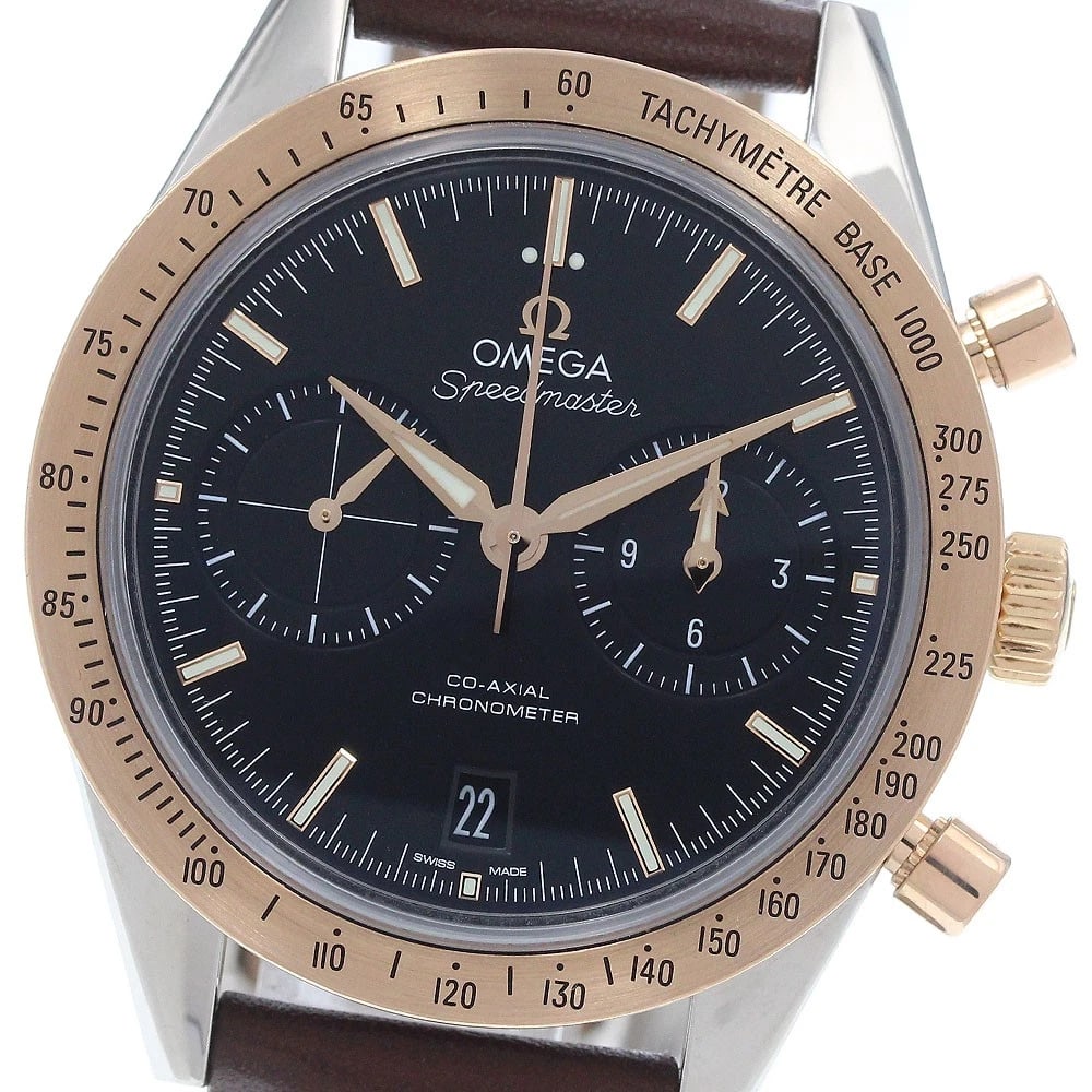 OMEGA SPEEDMASTER COAXIAL AUTOMATIC WATCH: OMEGA Speedmaster Coaxial Automatic Watch Brand: OMEGA Type/Style: Wristwatch Material: Band Material leather, Case Material Stainless Steel/RG Color: Band Color Brown, Dial Color black, Case Color