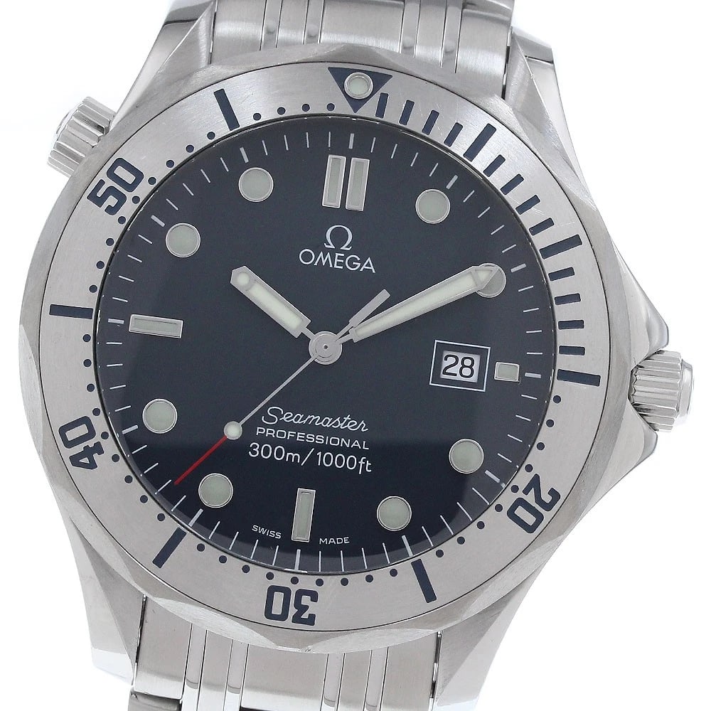 OMEGA SEAMASTER DATE BLACK WATCH: OMEGA Seamaster Date Black Watch Brand: OMEGA Type/Style: Wristwatch Material: Band Material Stainless Steel, Case Material Stainless Steel Color: Band Color Silver, Dial Color black, Case Color
