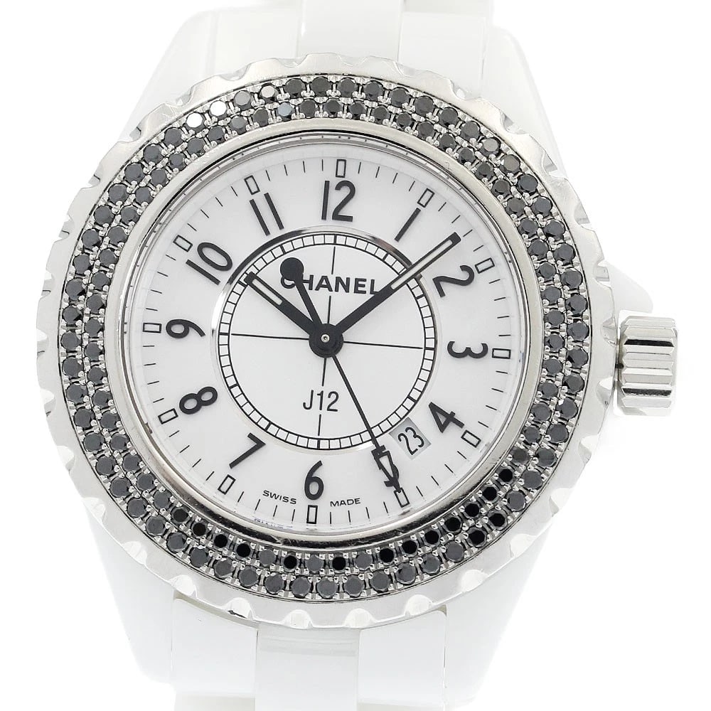 CHANEL J12 WHITE CERAMIC BLACK DIAMOND BEZEL WATCH: CHANEL J12 white ceramic black diamond bezel Watch Brand: CHANEL Type/Style: Wristwatch Material: Band Material Stainless Steel / ceramic, Case Material Stainless Steel / ceramic Color: Band Color