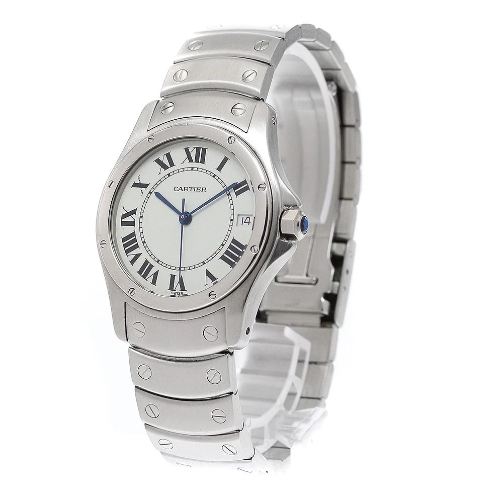 CARTIER DATE WHITE AUTOMATIC WATCH: CARTIER Date White Automatic Watch Brand: CARTIER Type/Style: Wristwatch Material: Band Material Stainless Steel, Case Material Stainless Steel Color: Band Color Silver, Dial Color white, Case Color