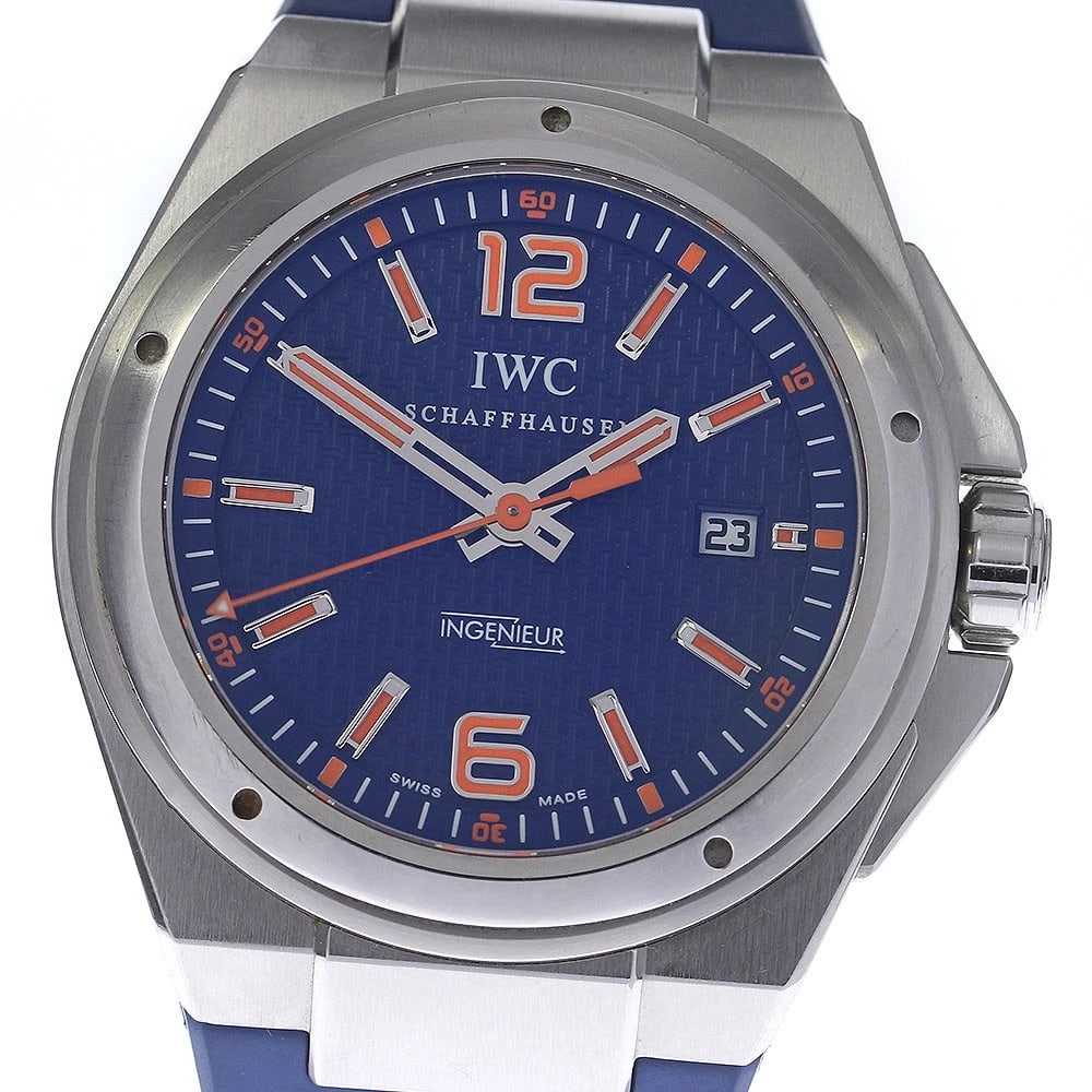 IWC SCHAFFHAUSEN AUTOMATIC WATCH: IWC SCHAFFHAUSEN Automatic Watch Brand: IWC SCHAFFHAUSEN Type/Style: Wristwatch Material: Band Material rubber, Case Material Stainless Steel Color: Band Color blue, Dial Color blue, Case Color Silver