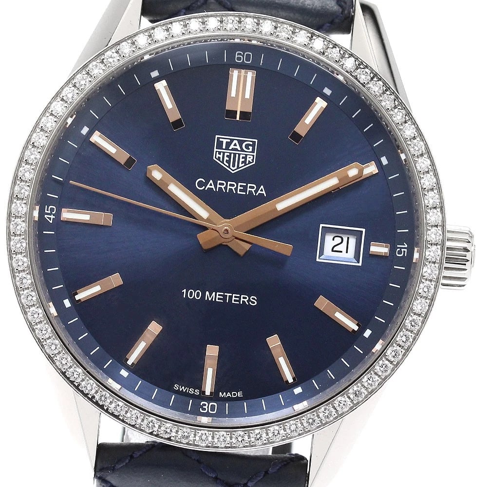TAG HEUER CARRERA DATE DIAMOND BEZEL NAVY WATCH: TAG HEUER Carrera Date Diamond bezel Navy Watch Brand: TAG HEUER Type/Style: Wristwatch Material: Band Material leather, Case Material Stainless Steel Color: Band Color Navy, Dial Color Navy, Case