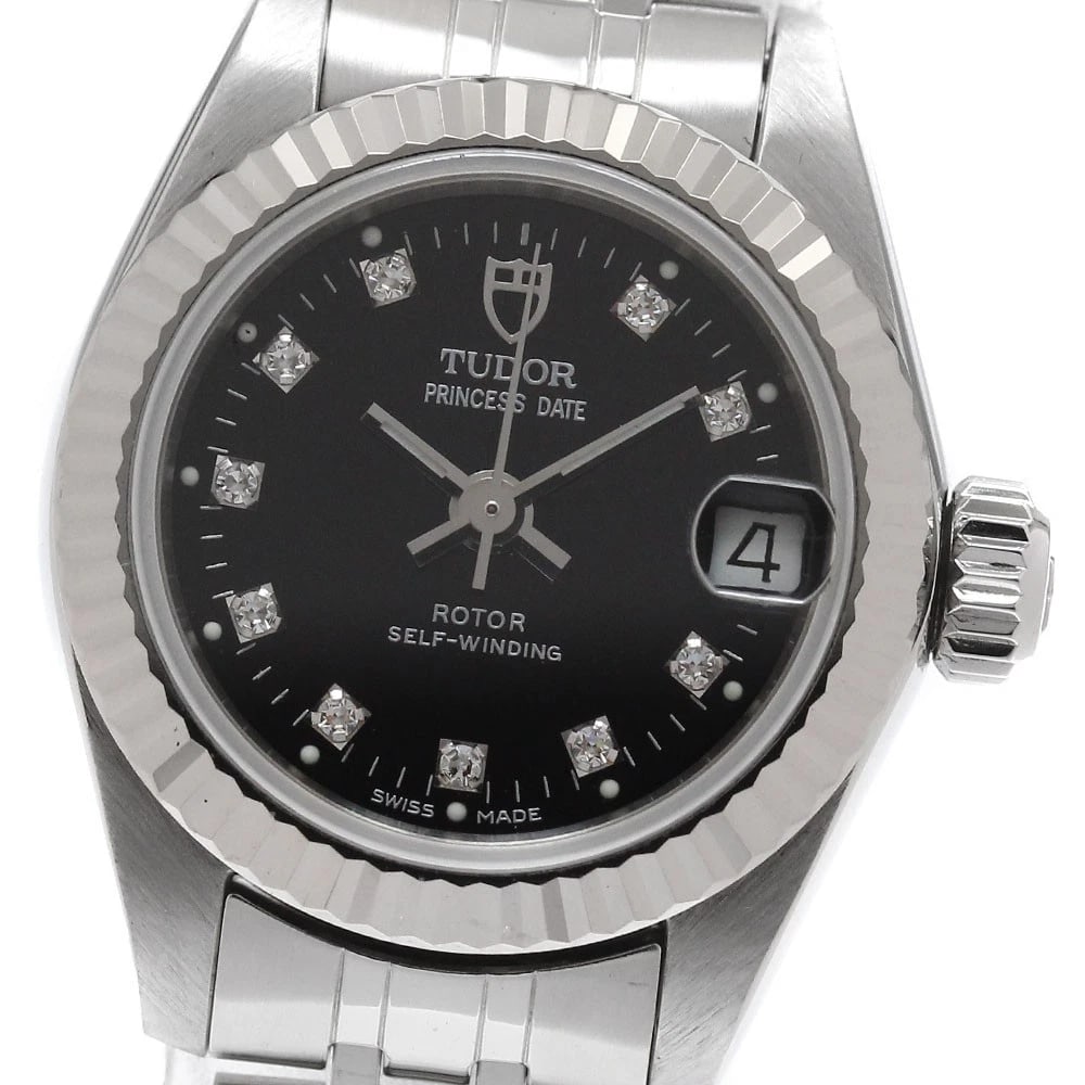 TUDOR PRINCESS DATE BEZEL BLACK AUTOMATIC WATCH: TUDOR Princess Date bezel black Automatic Watch Brand: TUDOR Type/Style: Wristwatch Material: Band Material Stainless Steel, Case Material Stainless Steel/WG Color: Band Color Silver, Dial Color
