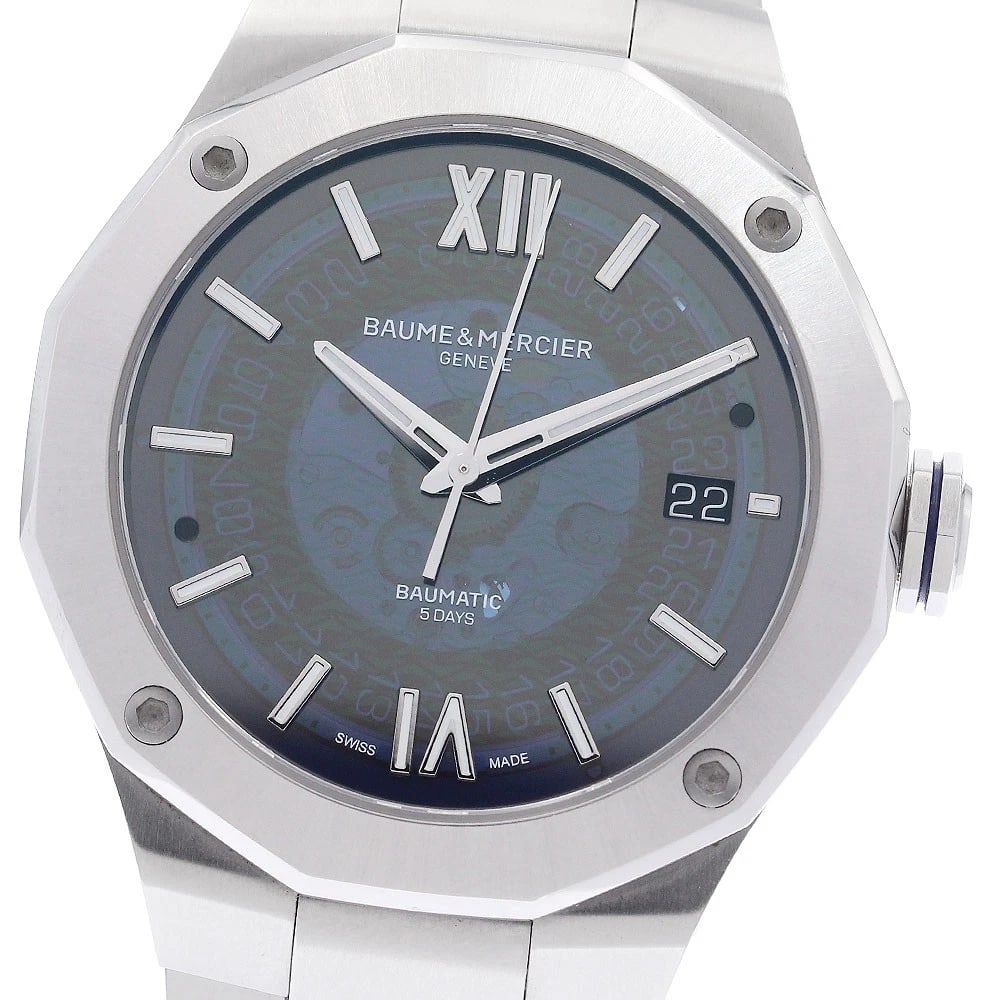 BAUME & MERCIER AUTOMATIC WATCH: Baume & Mercier Automatic Watch Brand: Baume & Mercier Type/Style: Wristwatch Material: Band Material Stainless Steel, Case Material Stainless Steel Color: Band Color Silver, Dial Color blue, Case