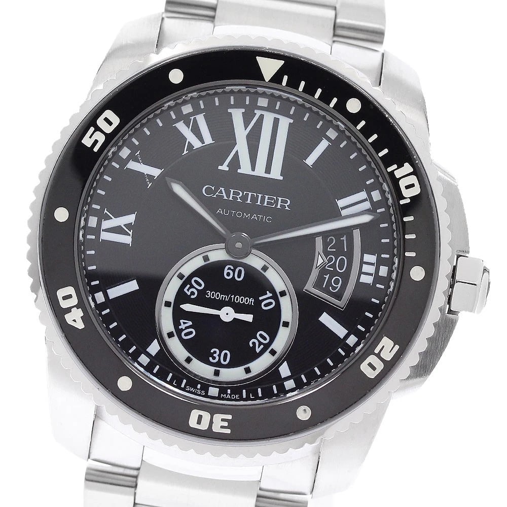 CARTIER CALIBER DATE AUTOMATIC WATCH: CARTIER Caliber Date Automatic Watch Brand: CARTIER Type/Style: Wristwatch Material: Band Material Stainless Steel, Case Material Stainless Steel Color: Band Color Silver, Dial Color black, Case Color