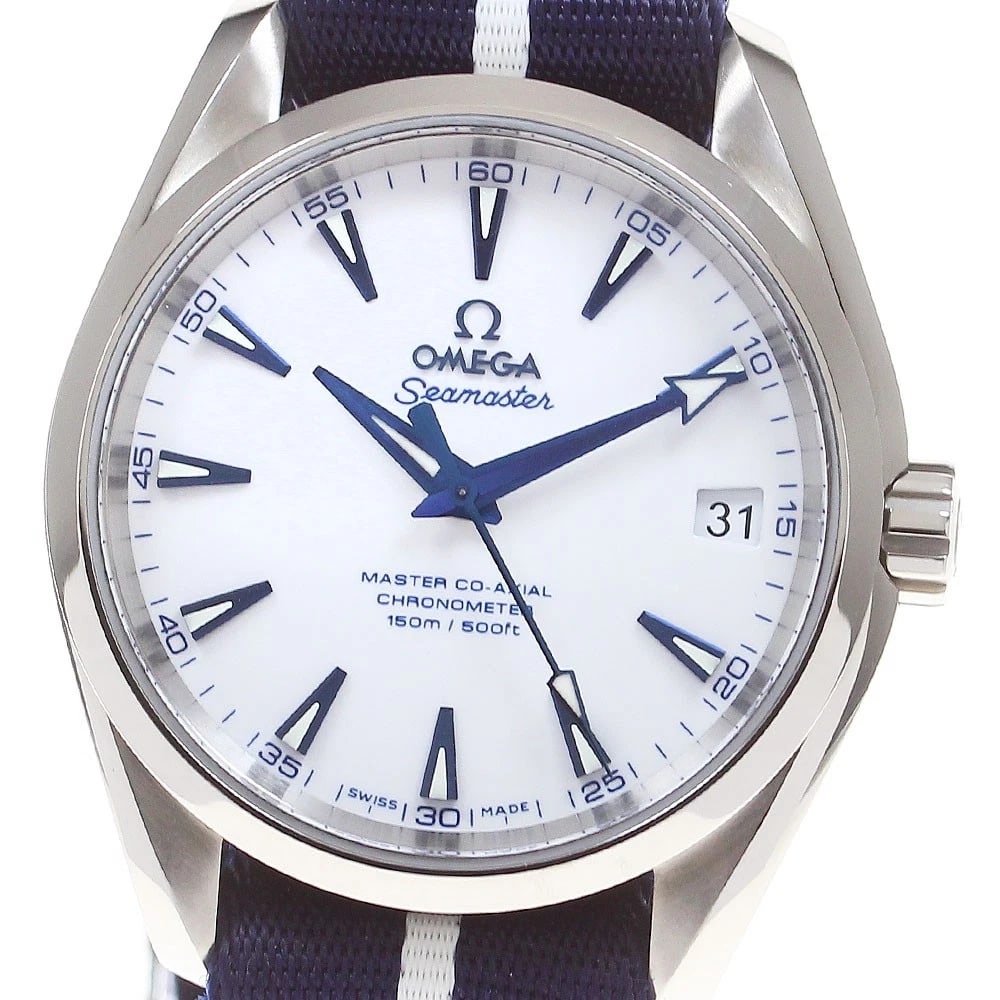 OMEGA SEAMASTER AQUA TERRA, WATCH: OMEGA Seamaster Aqua Terra, Watch Brand: OMEGA Type/Style: Wristwatch Material: Band Material Nylon, Case Material titanium Color: Band Color Navy, Dial Color white, Case Color Silver Size: Case Size