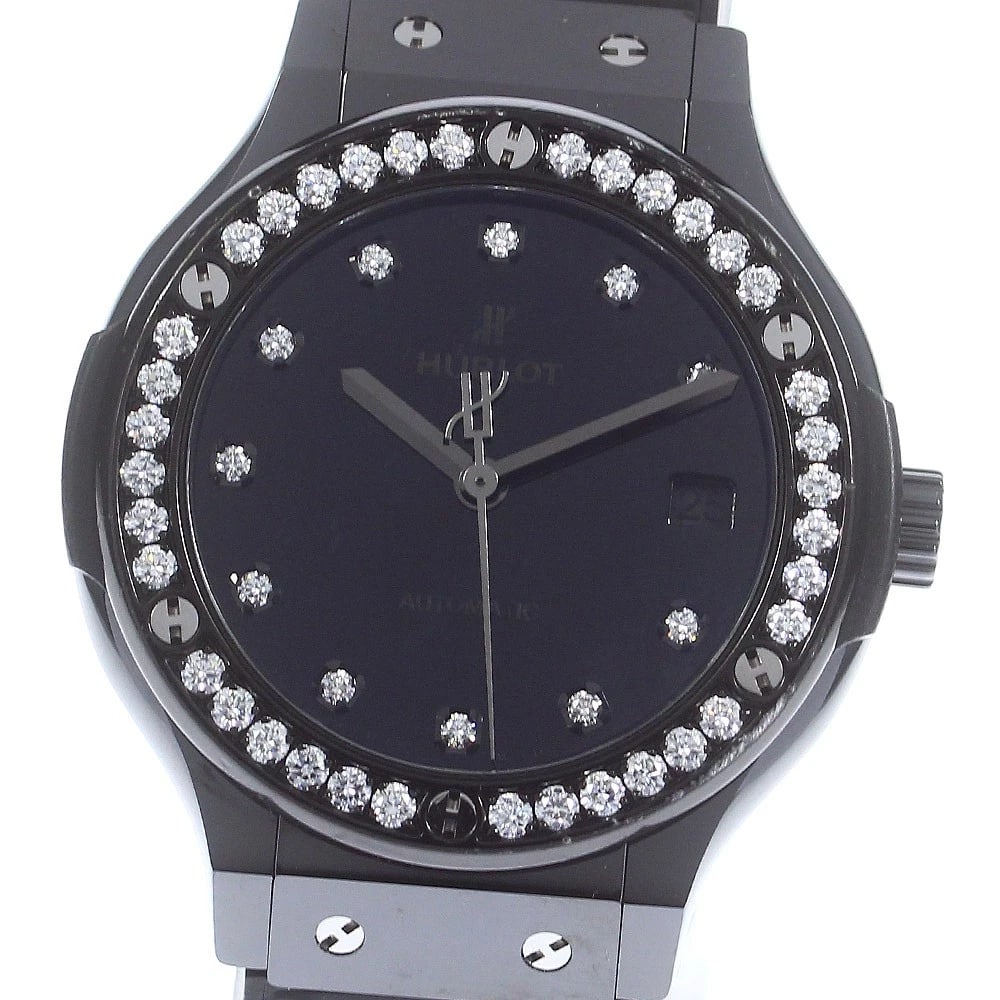 HUBLOT CLASSIC FUSION CERAMIC DIAMOND BEZEL, WATCH: HUBLOT Classic Fusion Ceramic Diamond Bezel, Watch Brand: HUBLOT Type/Style: Wristwatch Material: Band Material Leather / Rubber, Case Material ceramic Color: Band Color black, Dial Color black, Case