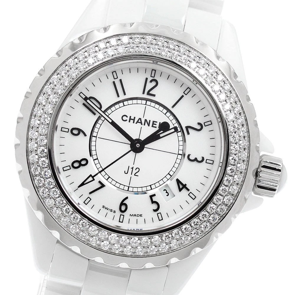 CHANEL J12 DIAMOND BEZEL WHITE CERAMIC DATE WATCH: CHANEL J12 Diamond Bezel White Ceramic Date Watch Brand: CHANEL Type/Style: Wristwatch Material: Band Material Ceramic / Stainless Steel, Case Material Ceramic / Stainless Steel Color: Band Color