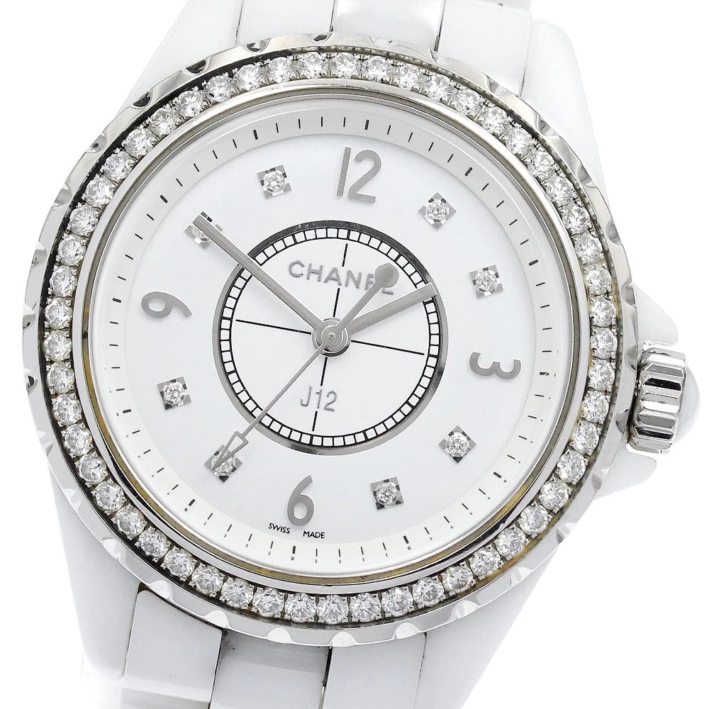 CHANEL J12 DIAMOND BEZEL WHITE WATCH: CHANEL J12 Diamond bezel white Watch Brand: CHANEL Type/Style: Wristwatch Material: Band Material ceramic, Case Material Stainless Steel / ceramic Color: Band Color white, Dial Color white, Case Color