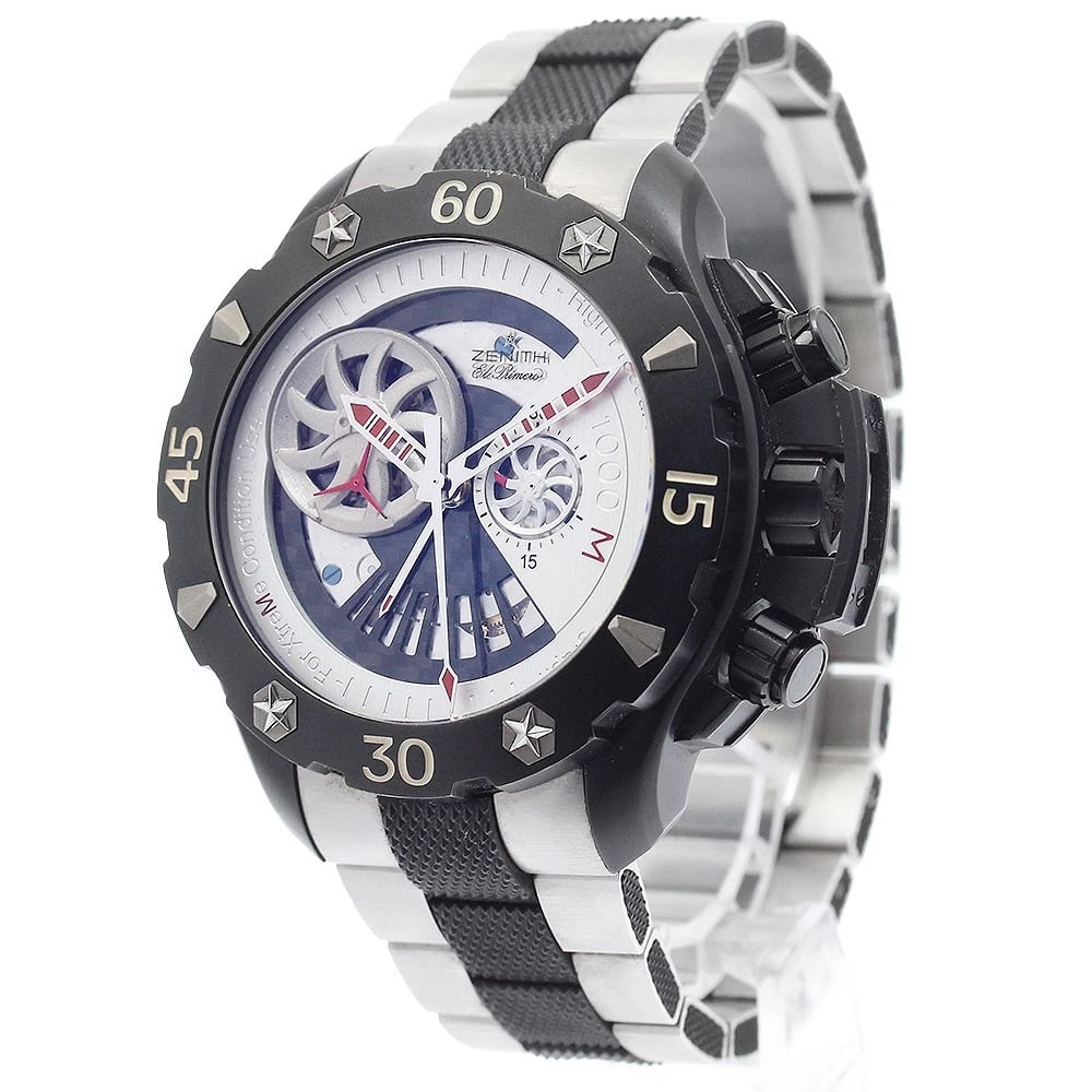 ZENITH DEFY CHRONOGRAPH AUTOMATIC WATCH: ZENITH Defy Chronograph Automatic Watch Brand: ZENITH Type/Style: Wristwatch Material: Band Material Carbon/Aluminum, Case Material titanium Color: Band Color Black / Silver, Dial Color Silver, Case