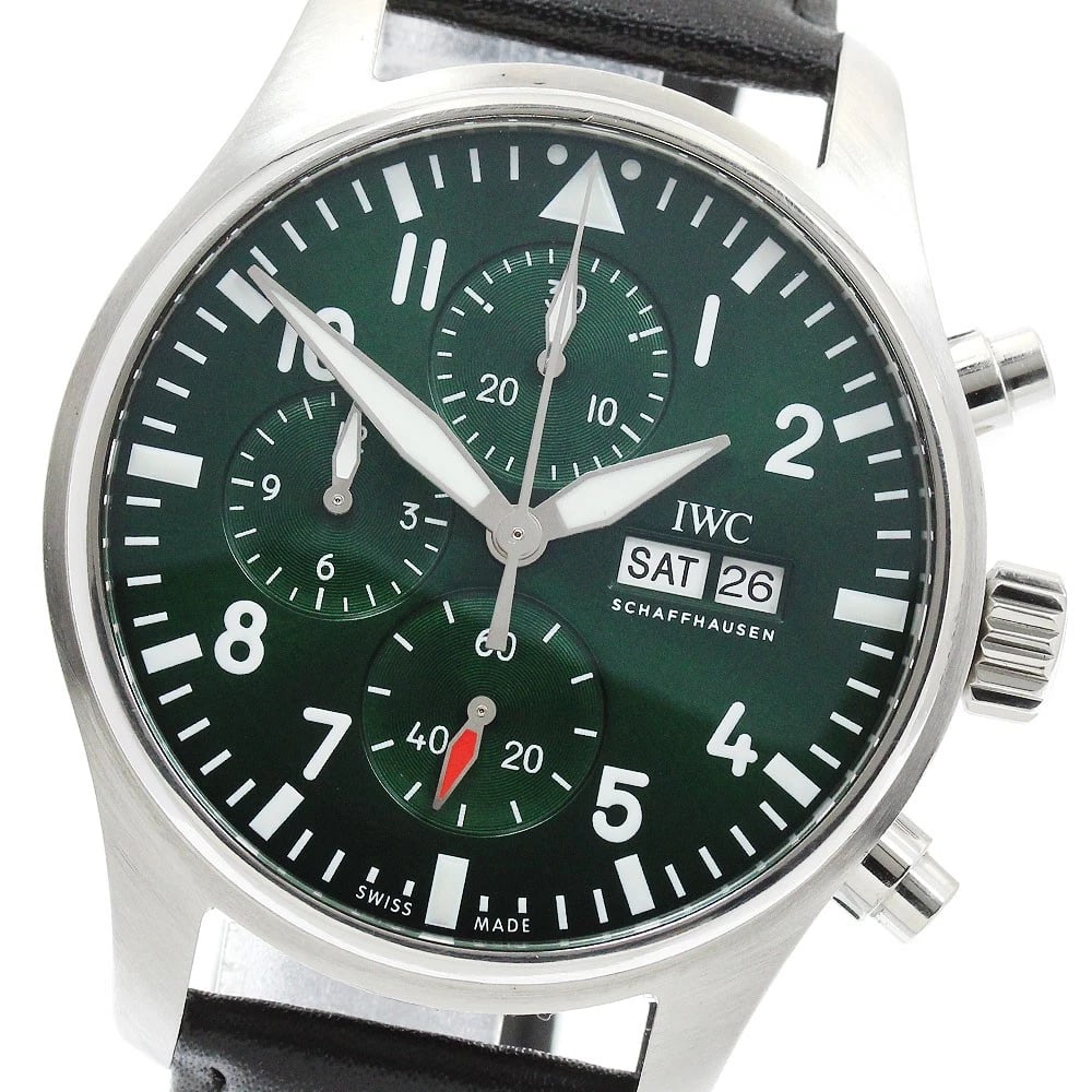 IWC SCHAFFHAUSEN PILOT WATCH CHRONOGRAPH GREEN, WATCH: IWC SCHAFFHAUSEN Pilot watch Chronograph green, Watch Brand: IWC SCHAFFHAUSEN Type/Style: Wristwatch Material: Band Material leather, Case Material Stainless Steel Color: Band Color black, Dial Color