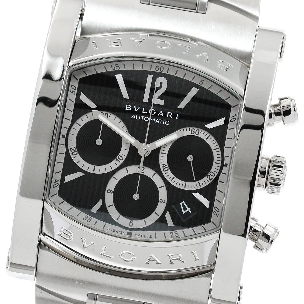 BVLGARI CHRONOGRAPH DATE BLACK AUTOMATIC WATCH: BVLGARI Chronograph Date Black Automatic Watch Brand: BVLGARI Type/Style: Wristwatch Material: Band Material Stainless Steel, Case Material Stainless Steel Color: Band Color Silver, Dial Color black,