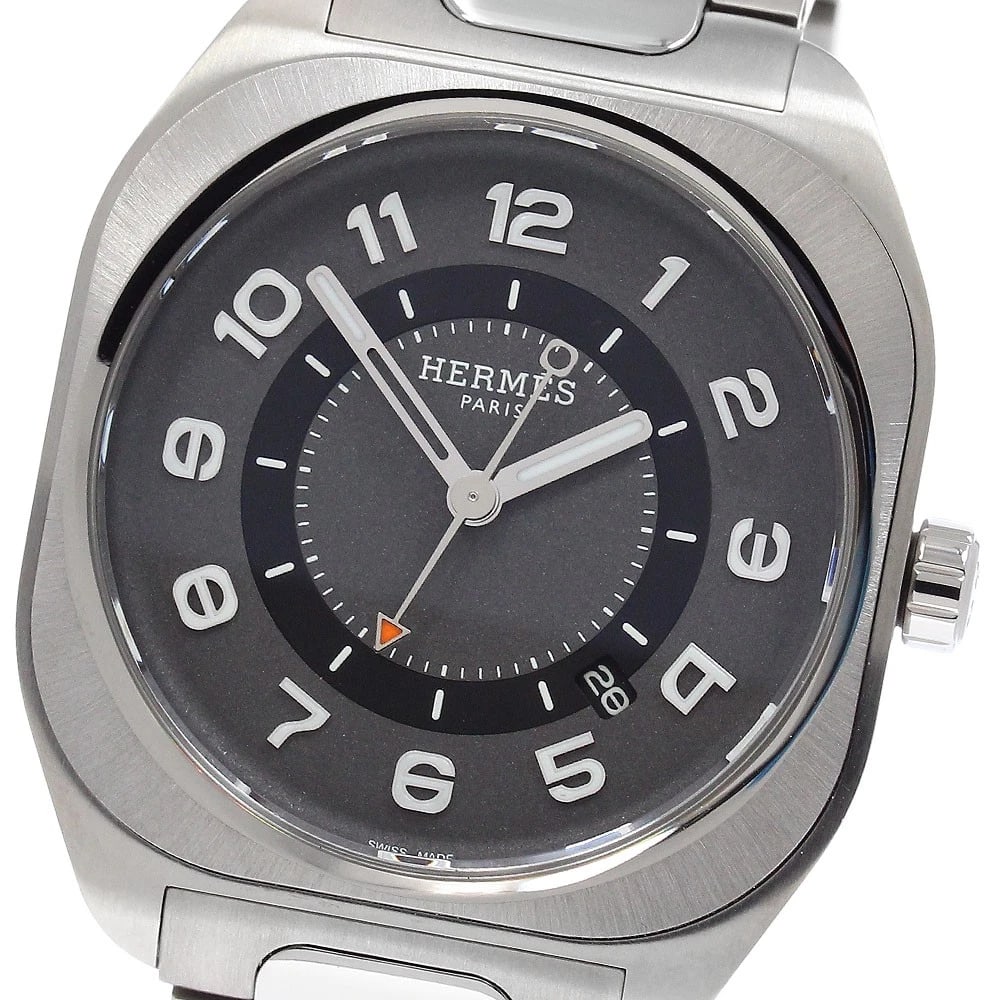 HERMES DATE GRAY AUTOMATIC WATCH: HERMES Date gray Automatic Watch Brand: HERMES Type/Style: Wristwatch Material: Band Material titanium, Case Material titanium Color: Band Color Silver, Dial Color gray, Case Color Silver Size: Case
