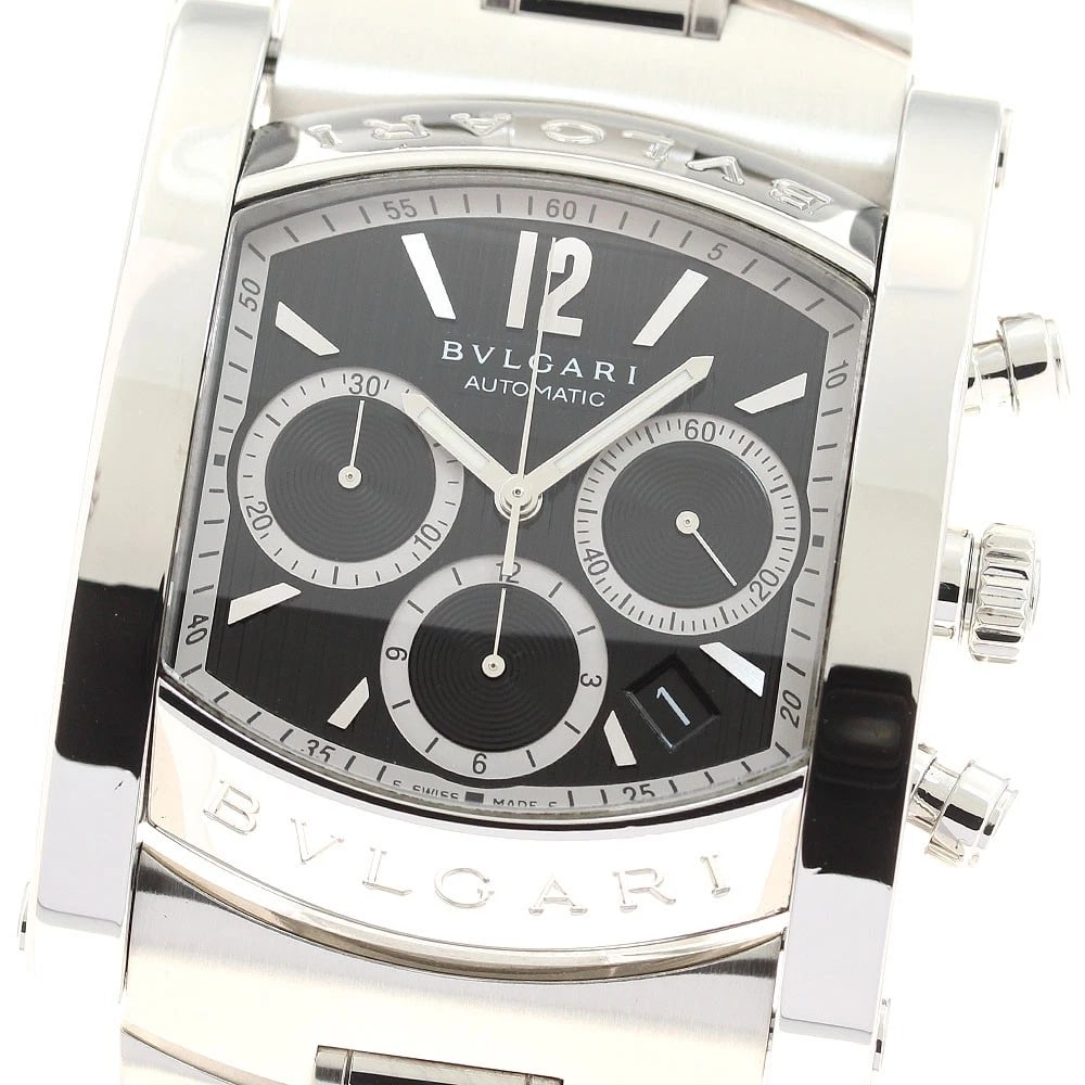 BVLGARI CHRONOGRAPH DATE BLACK AUTOMATIC WATCH: BVLGARI Chronograph Date black Automatic Watch Brand: BVLGARI Type/Style: Wristwatch Material: Band Material Stainless Steel, Case Material Stainless Steel Color: Band Color Silver, Dial Color black,