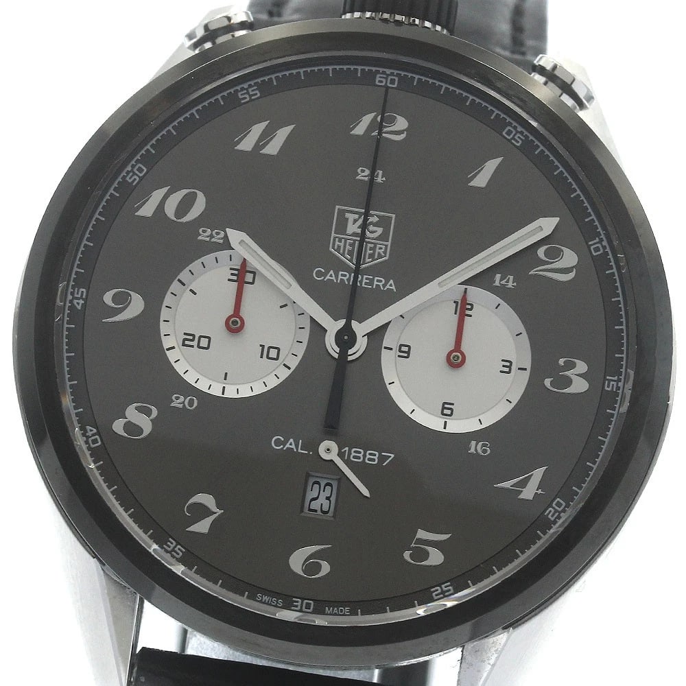 TAG HEUER CARRERA CALIBER WATCH: TAG HEUER Carrera Caliber Watch Brand: TAG HEUER Type/Style: Wristwatch Material: Band Material leather, Case Material Stainless Steel Color: Band Color black, Dial Color Gray / Silver, Case Color
