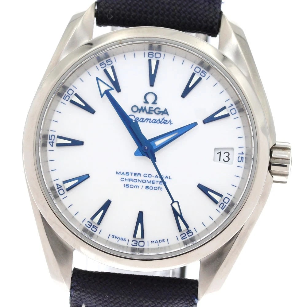 OMEGA SEAMASTER AQUA TERRA, WATCH: OMEGA Seamaster Aqua Terra, Watch Brand: OMEGA Type/Style: Wristwatch Material: Band Material Leather / nylon, Case Material titanium Color: Band Color black, Dial Color white, Case Color Silver