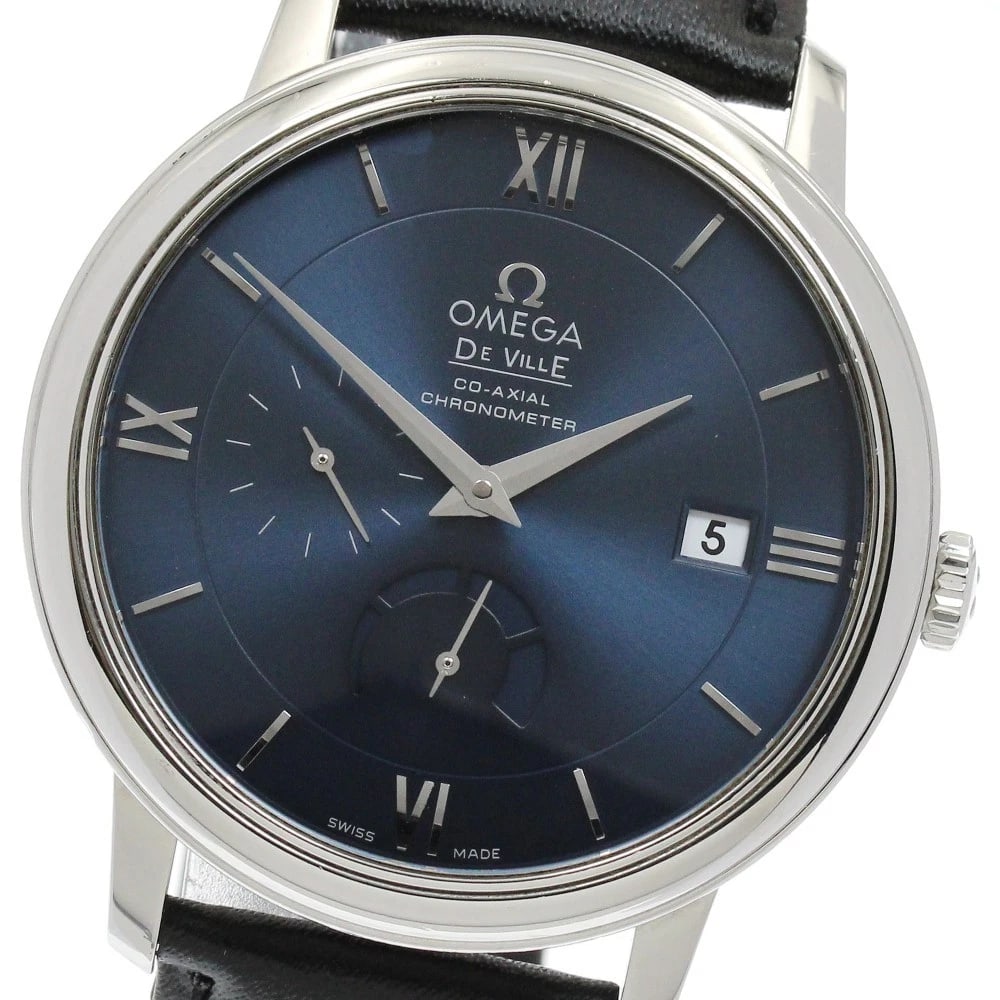 OMEGA DE VILLE PRESTIGE AUTOMATIC WATCH: OMEGA De Ville Prestige Automatic Watch Brand: OMEGA Type/Style: Wristwatch Material: Band Material leather, Case Material Stainless Steel Color: Band Color black, Dial Color Navy, Case Color Silver S