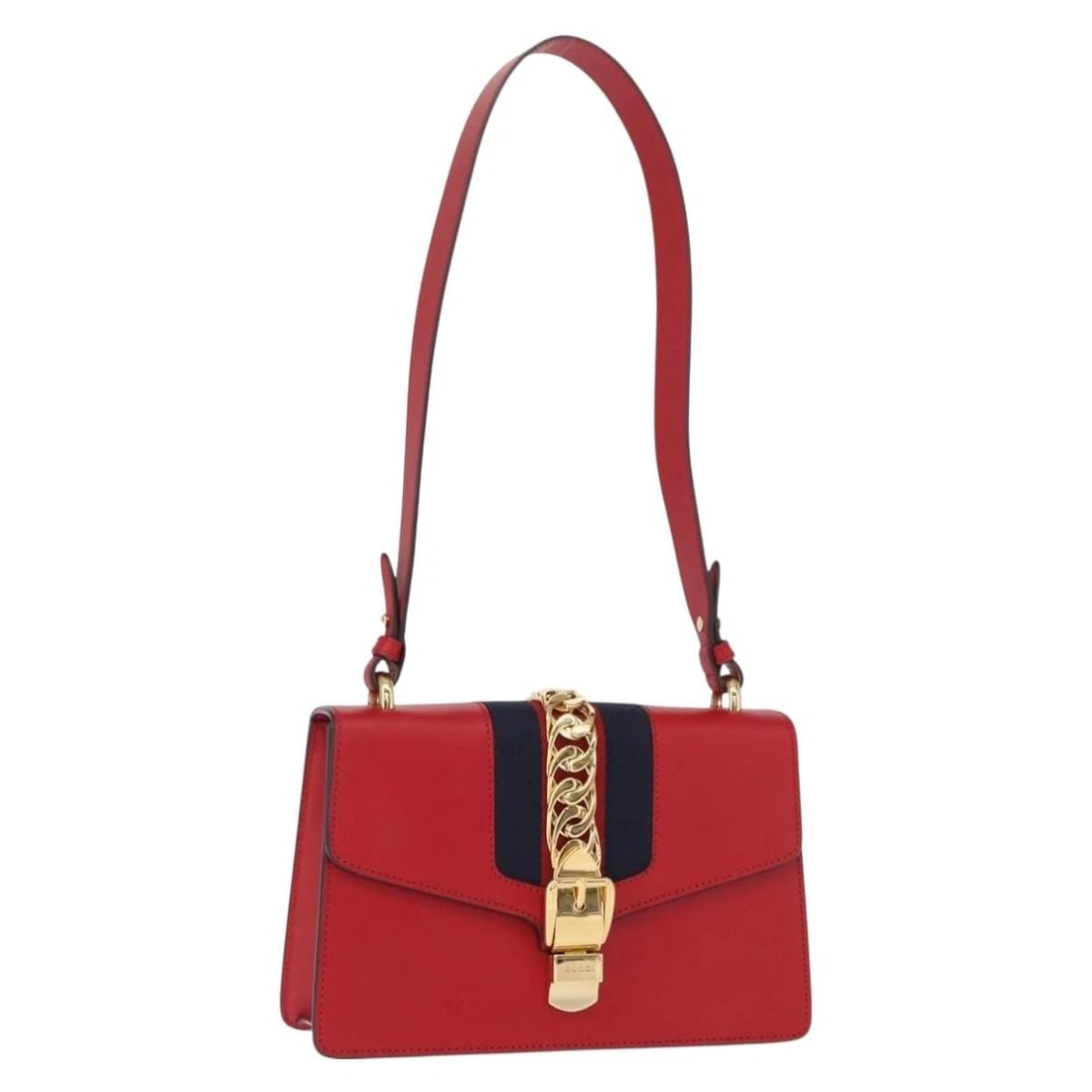 GUCCI SYLVIE SHERRY LINE SHOULDER BAG LEATHER RED GOLD: GUCCI Sylvie Sherry Line Shoulder Bag Leather Red Gold Brand: GUCCI Type/Style: Shoulder Bag Material: Leather Color: Red/Gold/Navy Size: W9.8 x H5.9 x D2.8inch(Approx) Accessories: None A