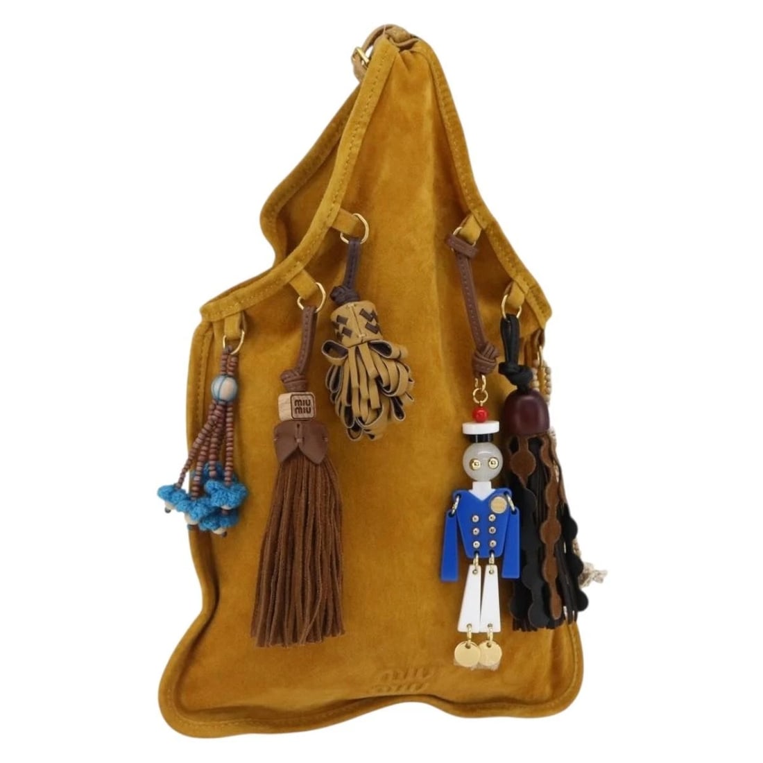 MIU MIU WITH TRICKS HAND BAG SUEDE YELLOW GOLD: Miu Miu With Tricks Hand Bag Suede Yellow Gold Brand: Miu Miu Type/Style: Hand Bag Material: Suede Color: Yellow/Gold Size: W9.4 x H8.7 x D0.4inch(Approx) Accessories: None Accessories Not