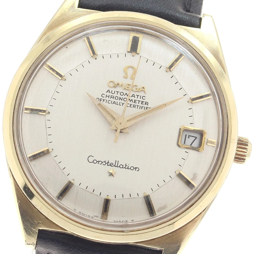 OMEGA CONSTELLATION PIE PAN MEN'S WATCH: OMEGA Constellation Pie Pan Men's Watch Brand: OMEGA Type/Style: Wristwatch Material: Band Material leather, Case Material Stainless Steel/Gold Plated Color: Band Color black, Dial Color Silver, Case