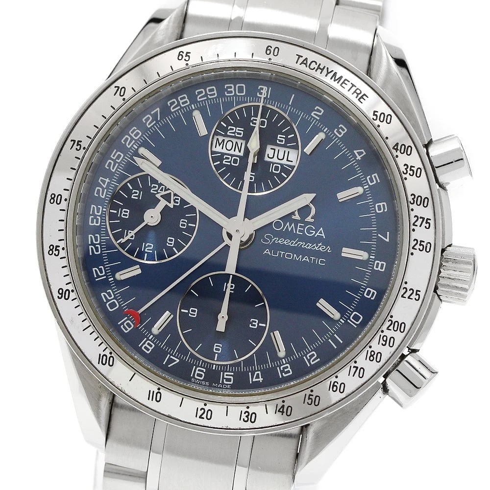 OMEGA SPEEDMASTER TRIPLE CALENDAR MEN'S WATCH: OMEGA Speedmaster Triple Calendar Men's Watch Brand: OMEGA Type/Style: Wristwatch Material: Band Material Stainless Steel, Case Material Stainless Steel Color: Band Color Silver, Dial Color Navy,
