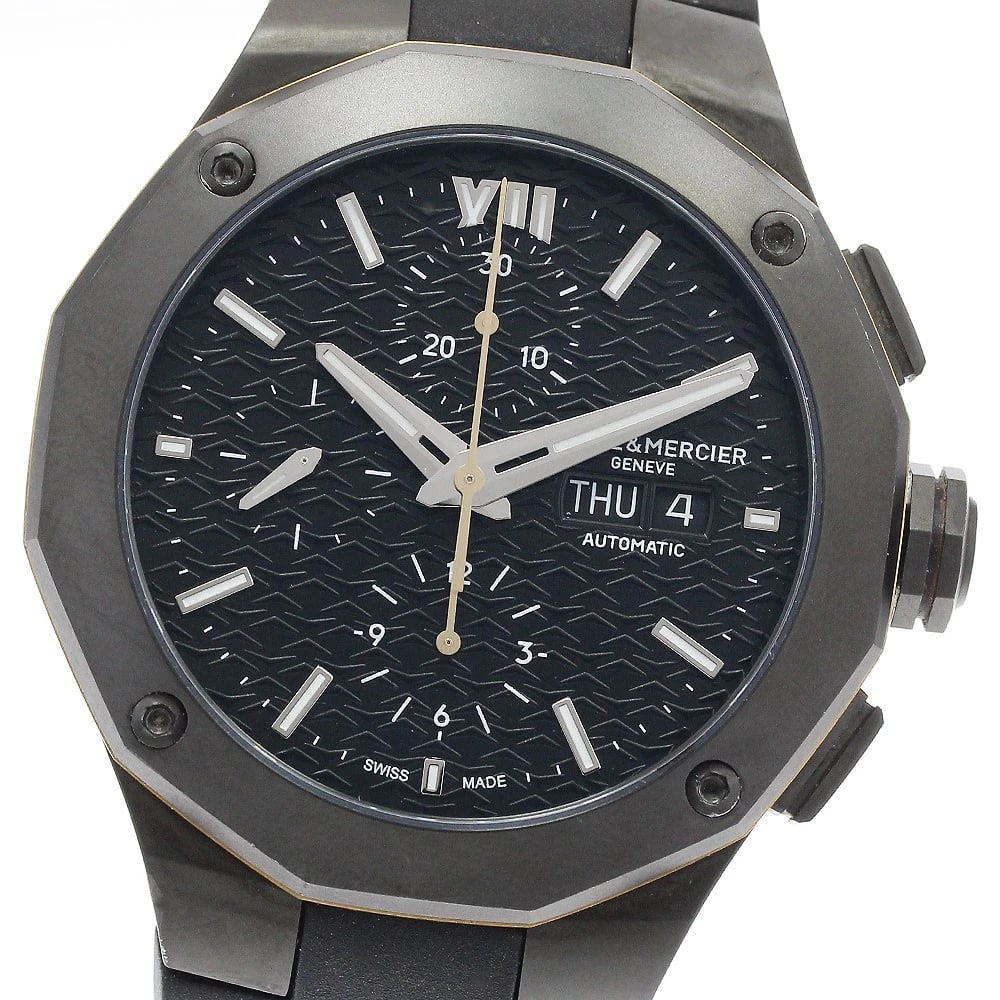 BAUME & MERCIER RIVIERA CHRONOGRAPH MEN'S WATCH: Baume & Mercier Riviera Chronograph Men's Watch Brand: Baume & Mercier Type/Style: Wristwatch Material: Band Material rubber, Case Material Stainless Steel Color: Band Color black, Dial Color black, C