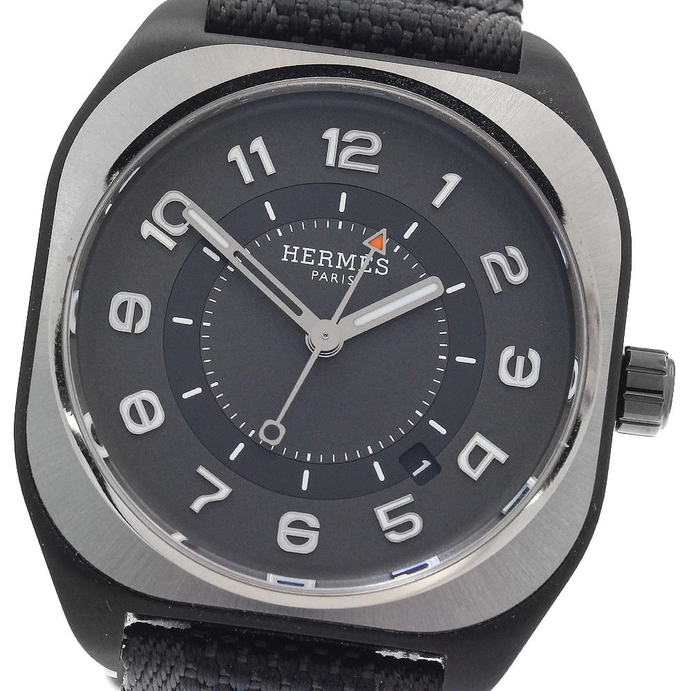 HERMES H08 DATE MEN'S WATCH: HERMES H08 Date Men's Watch Brand: HERMES Type/Style: Wristwatch Material: Band Material Nylon, Case Material titanium Color: Band Color Black Grey, Dial Color gray, Case Color Silver / Black Size: Ca