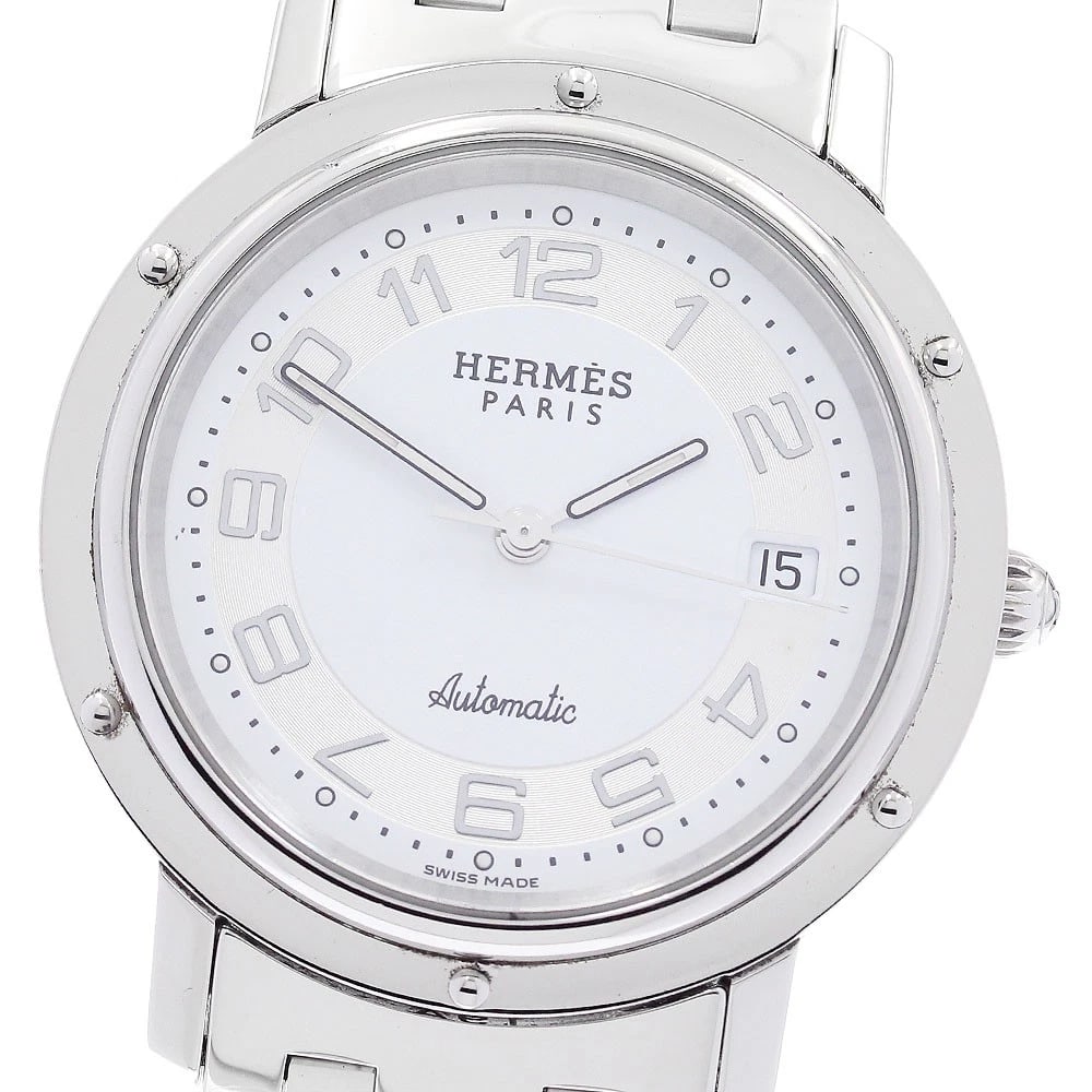 HERMES CLIPPER DATE MEN'S WATCH: HERMES Clipper Date Men's Watch Brand: HERMES Type/Style: Wristwatch Material: Band Material Stainless Steel, Case Material Stainless Steel Color: Band Color Silver, Dial Color White / Silver, Case