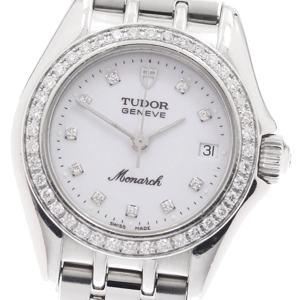 TUDOR MONARCH DIAMOND BEZEL QUARTZ LADIES WATCH: TUDOR Monarch Diamond Bezel Quartz Ladies Watch Brand: TUDOR Type/Style: Wristwatch Material: Band Material Stainless Steel, Case Material Stainless Steel Color: Band Color Silver, Dial Color white,