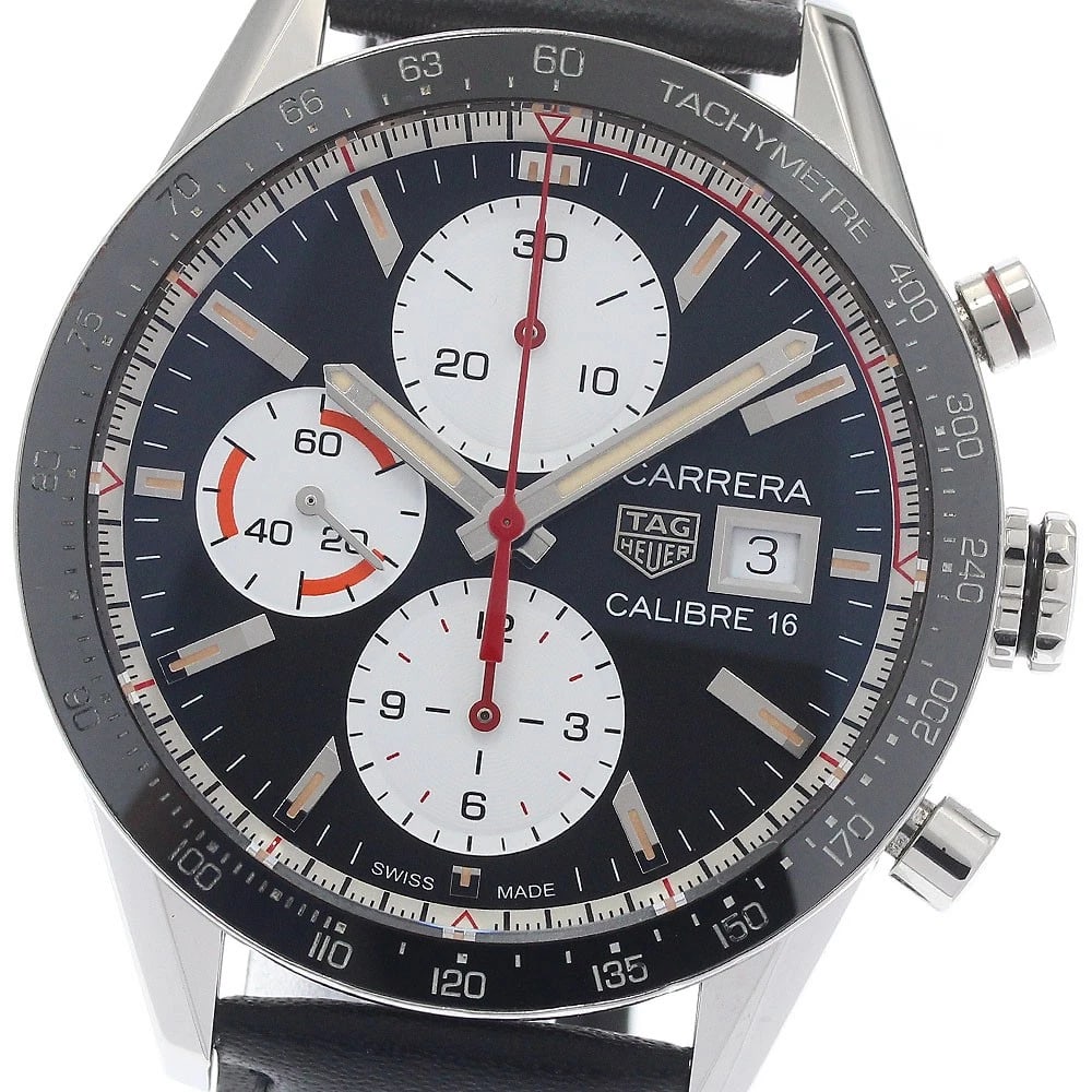 TAG HEUER CARRERA CALIBER CHRONOGRAPH MEN'S WATCH: TAG HEUER Carrera Caliber Chronograph Men's Watch Brand: TAG HEUER Type/Style: Wristwatch Material: Band Material leather, Case Material Stainless Steel Color: Band Color black, Dial Color Black White