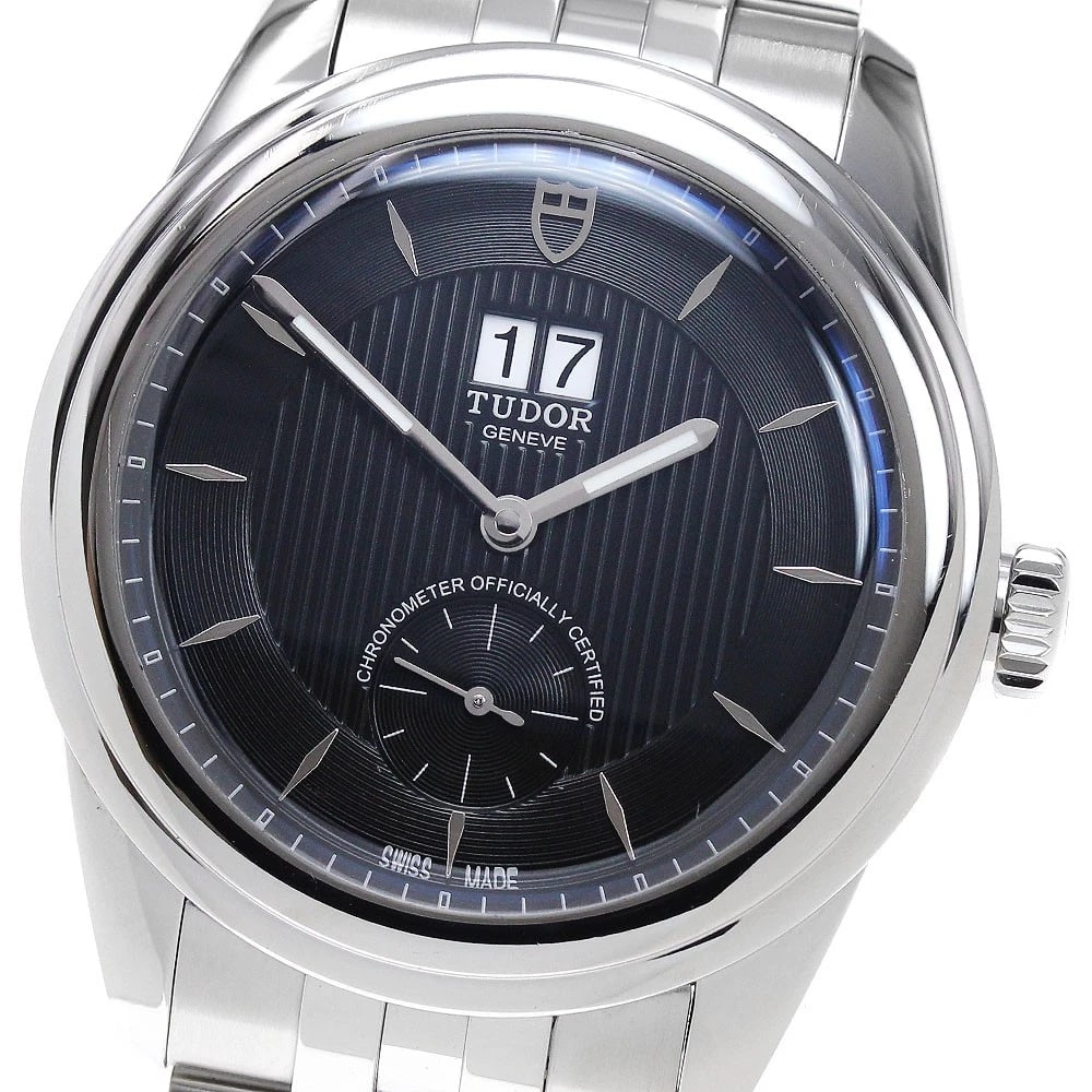 TUDOR GLAMOUR DOUBLE DATE MEN'S WATCH: TUDOR Glamour Double Date Men's Watch Brand: TUDOR Type/Style: Wristwatch Material: Band Material Stainless Steel, Case Material Stainless Steel Color: Band Color Silver, Dial Color black, Case Color