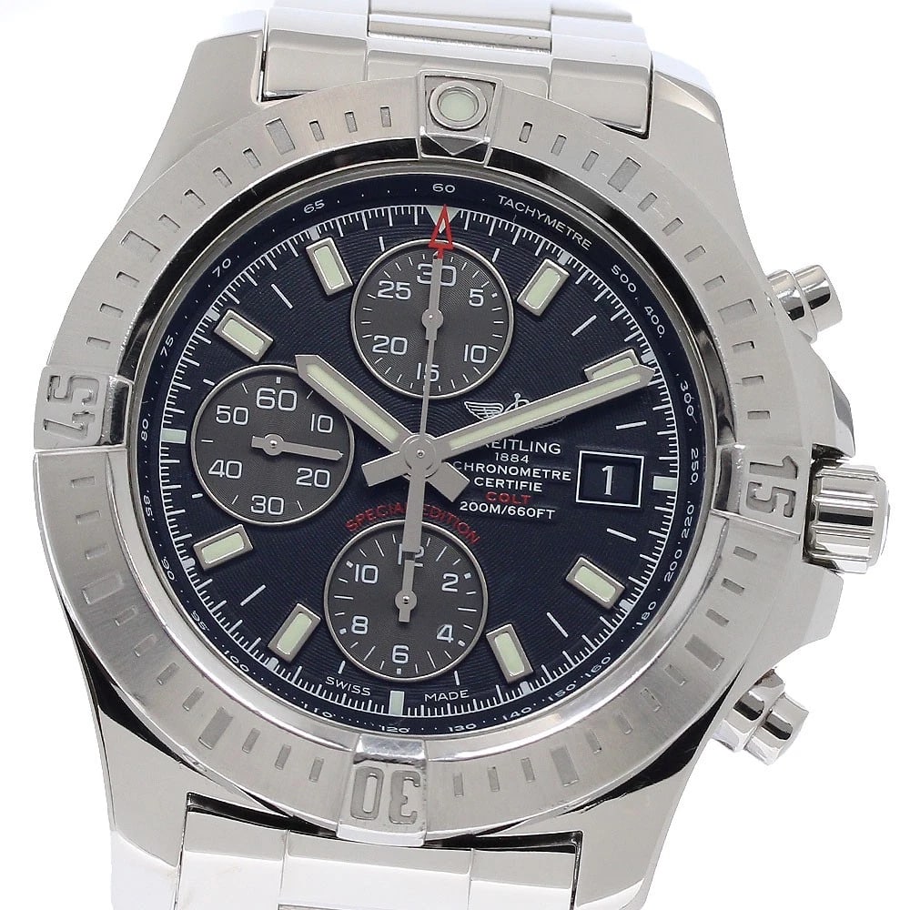 BREITLING COLT CHRONOGRAPH MEN'S WATCH: BREITLING Colt Chronograph Men's Watch Brand: BREITLING Type/Style: Wristwatch Material: Band Material Stainless Steel, Case Material Stainless Steel Color: Band Color Silver, Dial Color black, Case