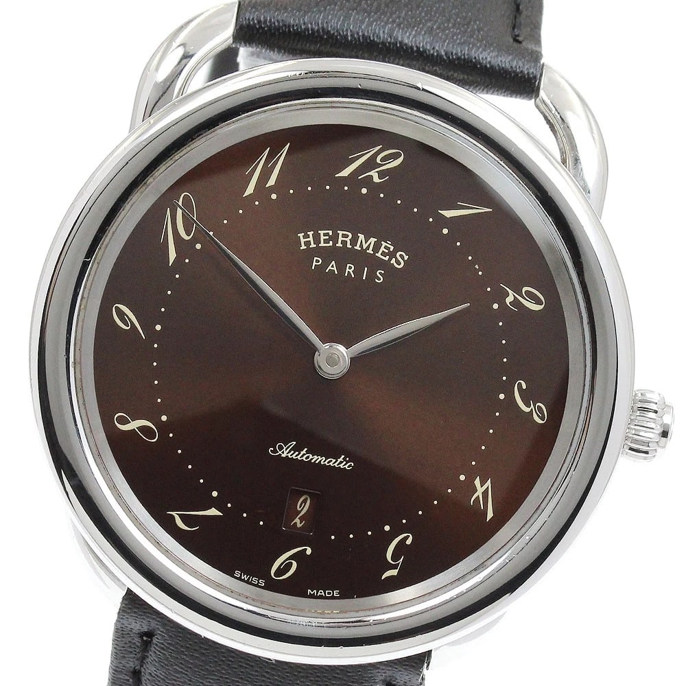 HERMES ARCEAU DATE MEN'S WATCH: HERMES Arceau Date Men's Watch Brand: HERMES Type/Style: Wristwatch Material: Band Material leather, Case Material Stainless Steel Color: Band Color black, Dial Color Brown, Case Color Silver Size: