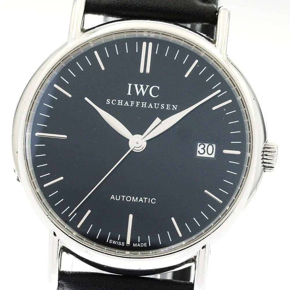 IWC PORTOFINO DATE MEN'S WATCH: IWC Portofino Date Men's Watch Brand: IWC SCHAFFHAUSEN Type/Style: Wristwatch Material: Band Material leather, Case Material Stainless Steel Color: Band Color black, Dial Color black, Case Color