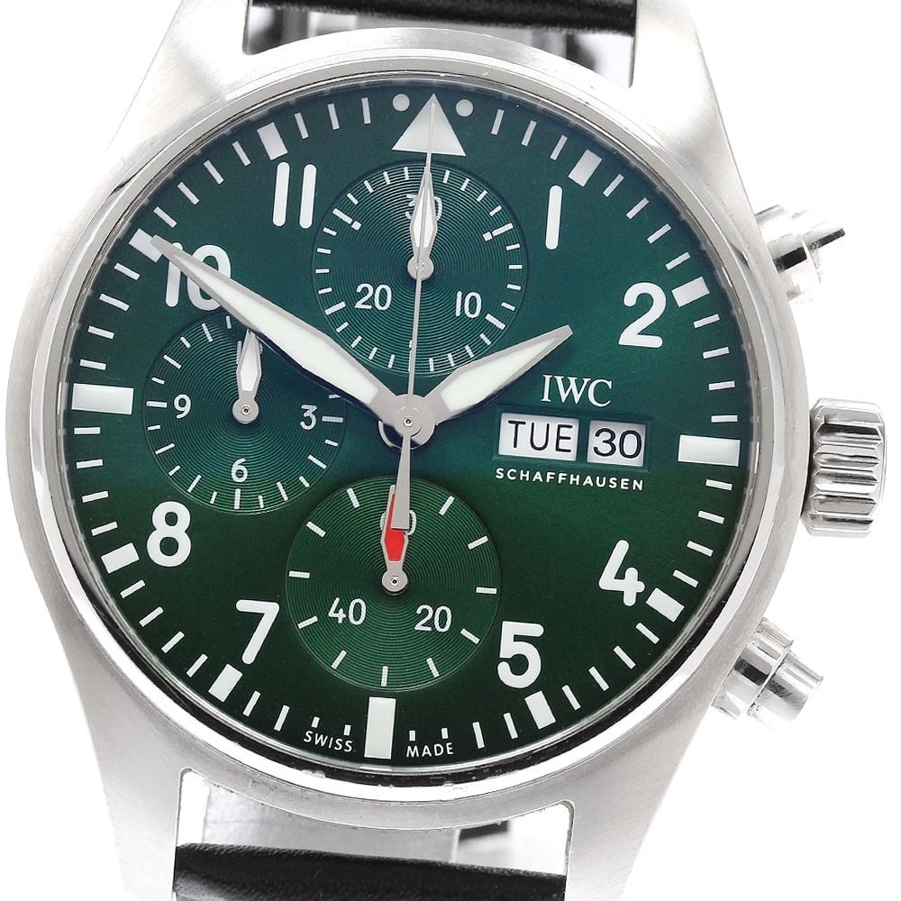 IWC SCHAFFHAUSEN PILOT'S WATCH CHRONOGRAPH WATCH: IWC SCHAFFHAUSEN Pilot's Watch Chronograph Watch Brand: IWC SCHAFFHAUSEN Type/Style: Wristwatch Material: Band Material leather, Case Material Stainless Steel Color: Band Color black, Dial Color green