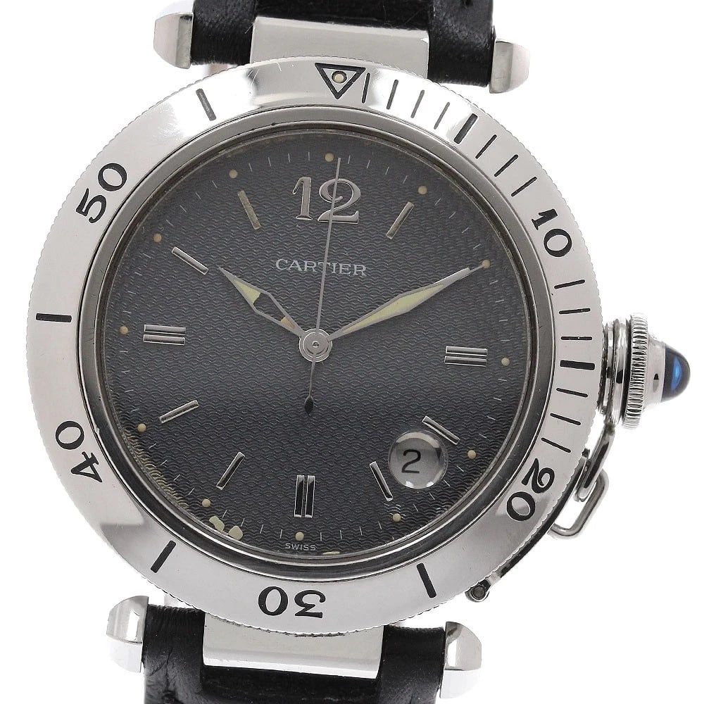 CARTIER PASHA DATE GRAY AUTOMATIC WATCH: CARTIER Pasha Date gray Automatic Watch Brand: CARTIER Type/Style: Wristwatch Material: Band Material leather, Case Material Stainless Steel Color: Band Color black, Dial Color gray, Case Color