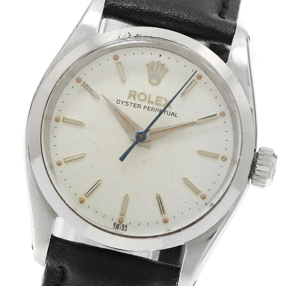 ROLEX OYSTER PERPETUAL SILVER AUTOMATIC WATCH: ROLEX Oyster perpetual Silver Automatic Watch Brand: ROLEX Type/Style: Wristwatch Material: Band Material leather, Case Material Stainless Steel Color: Band Color black, Dial Color Silver, Case Color