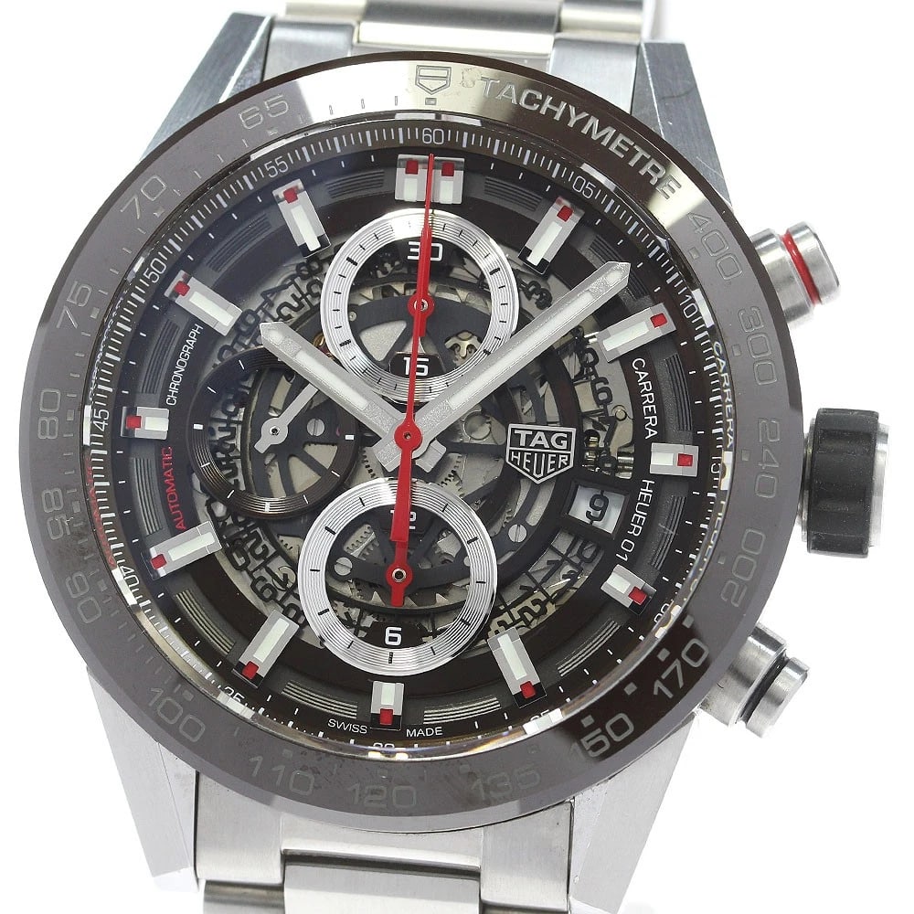 TAG HEUER CARRERA CHRONOGRAPH WATCH: TAG HEUER Carrera Chronograph Watch Brand: TAG HEUER Type/Style: Wristwatch Material: Band Material Stainless Steel, Case Material Stainless Steel / ceramic Color: Band Color Silver, Dial Color skelet