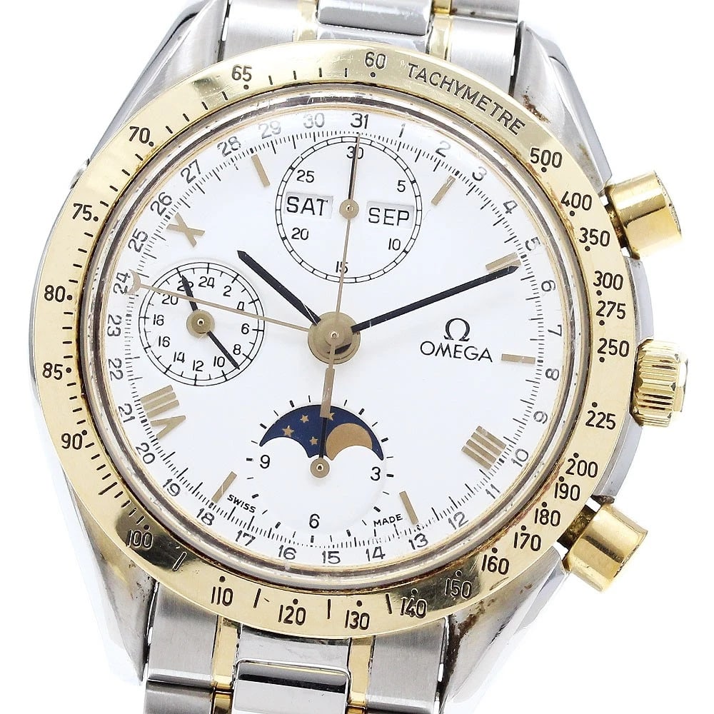 OMEGA SPEEDMASTER MOON PHASE AUTOMATIC WATCH: OMEGA Speedmaster moon phase Automatic Watch Brand: OMEGA Type/Style: Wristwatch Material: Band Material Stainless Steel/YG, Case Material Stainless Steel/YG Color: Band Color Silver / Gold, Dial