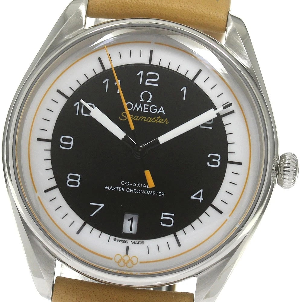 OMEGA SEAMASTER OLYMPIC WATCH: OMEGA Seamaster Olympic Watch Brand: OMEGA Type/Style: Wristwatch Material: Band Material leather, Case Material Stainless Steel Color: Band Color beige, Dial Color black, Case Color Silver Size: