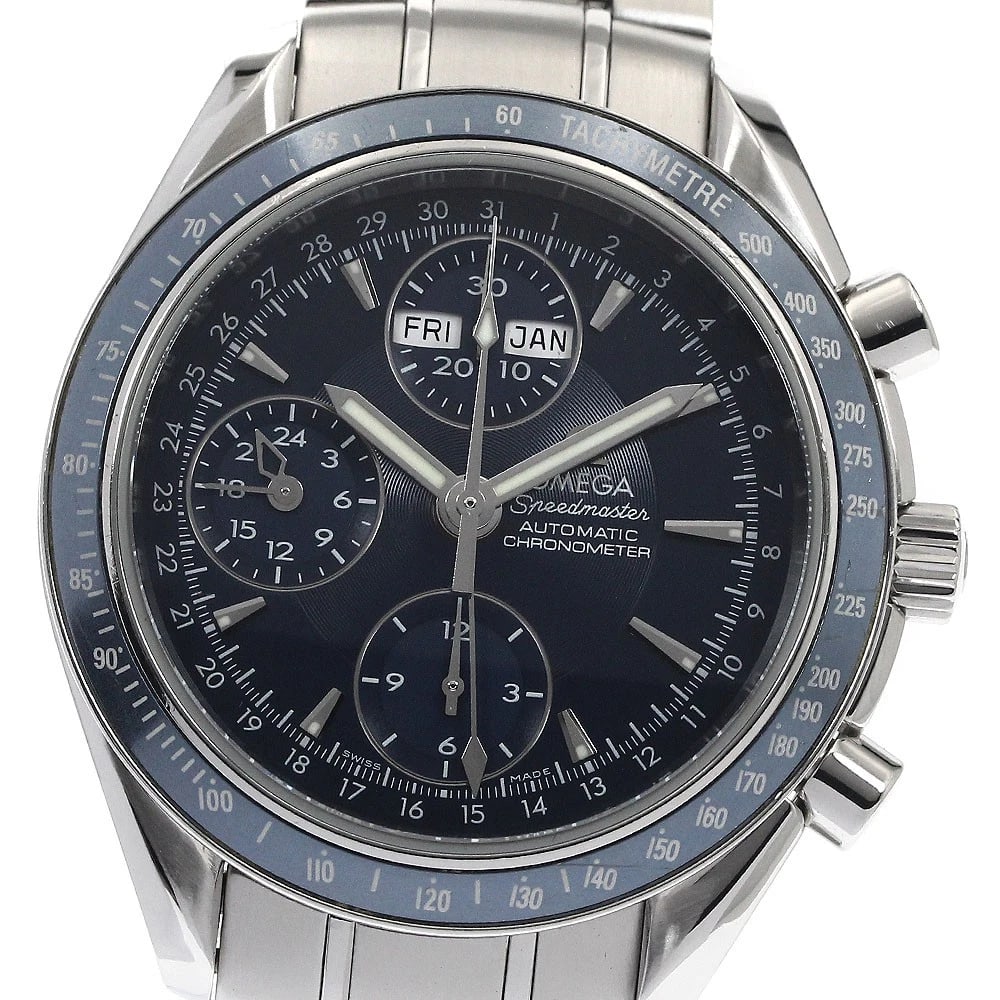 OMEGA SPEEDMASTER CHRONOGRAPH WATCH: OMEGA Speedmaster chronograph Watch Brand: OMEGA Type/Style: Wristwatch Material: Band Material Stainless Steel, Case Material Stainless Steel Color: Band Color Silver, Dial Color Navy, Case Color