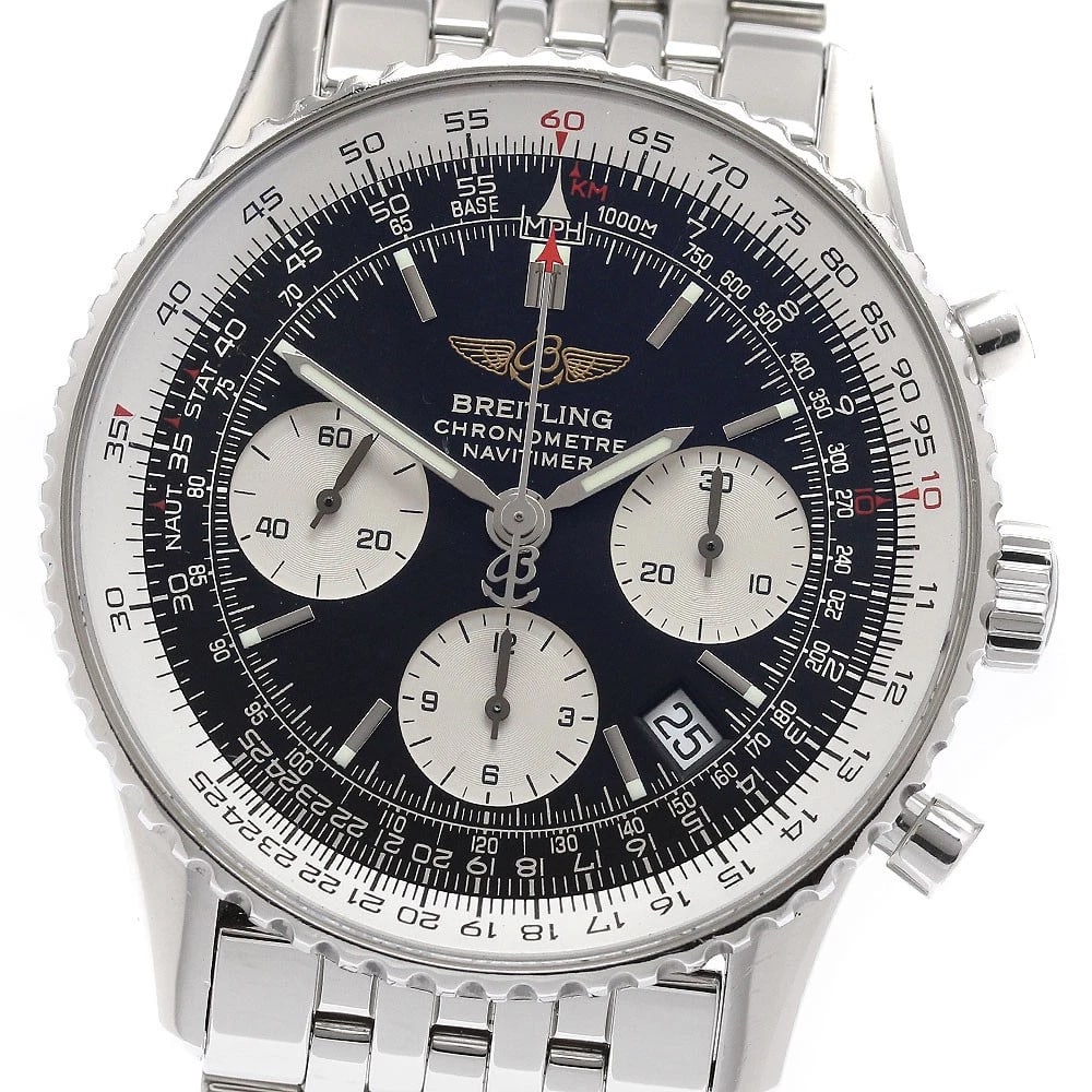 BREITLING NAVITIMER CHRONOGRAPH BLACK AUTOMATIC WATCH: BREITLING Navitimer Chronograph black Automatic Watch Brand: BREITLING Type/Style: Wristwatch Material: Band Material Stainless Steel, Case Material Stainless Steel Color: Band Color Silver, Dial Colo